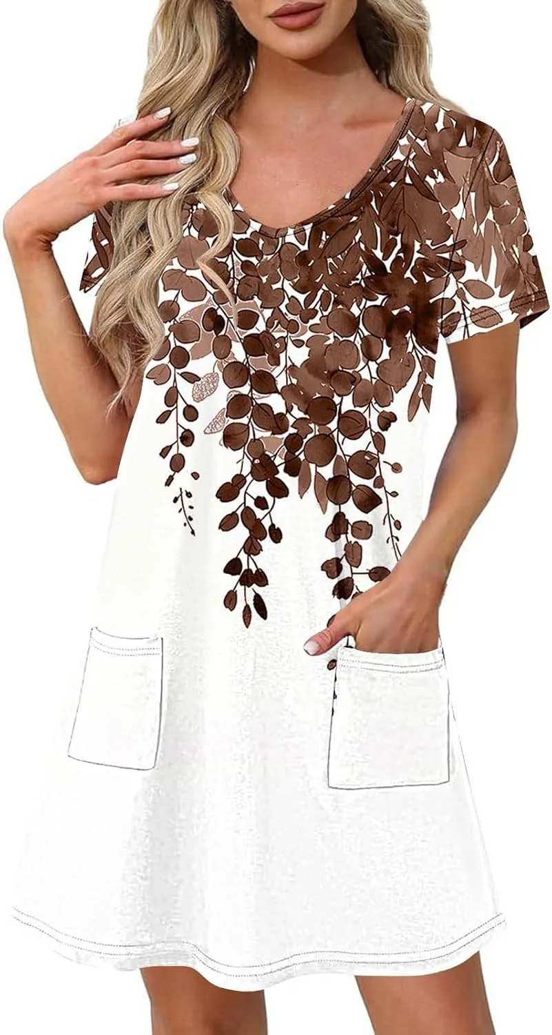 2025 Womens Summer Mini Dresses Casual Floral Shirt Dress Short Sleeve V-Neck Beach Sundress Pockets Swimsuit Coverup