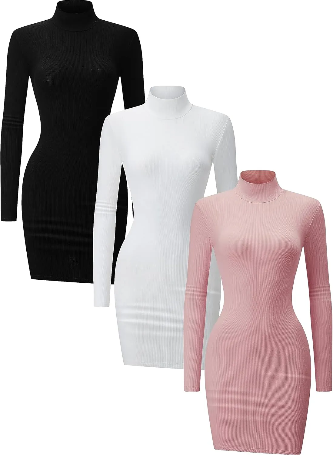 3 Pack Long Sleeve Dress for Women Turtleneck Crew Neck Slim Fit Fall Dresses Bodycon Mini Short Dresses