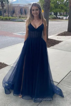 A Line Spaghetti Straps Navy Long Prom Dress