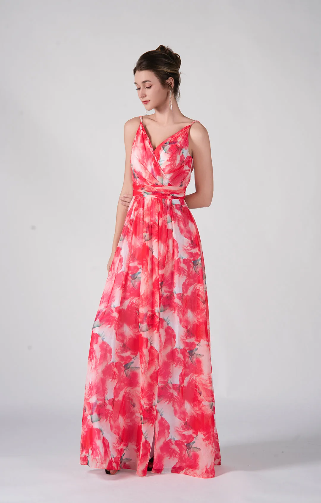 A-Line V-Neck Spaghetti Straps Split Floor-Length Dress