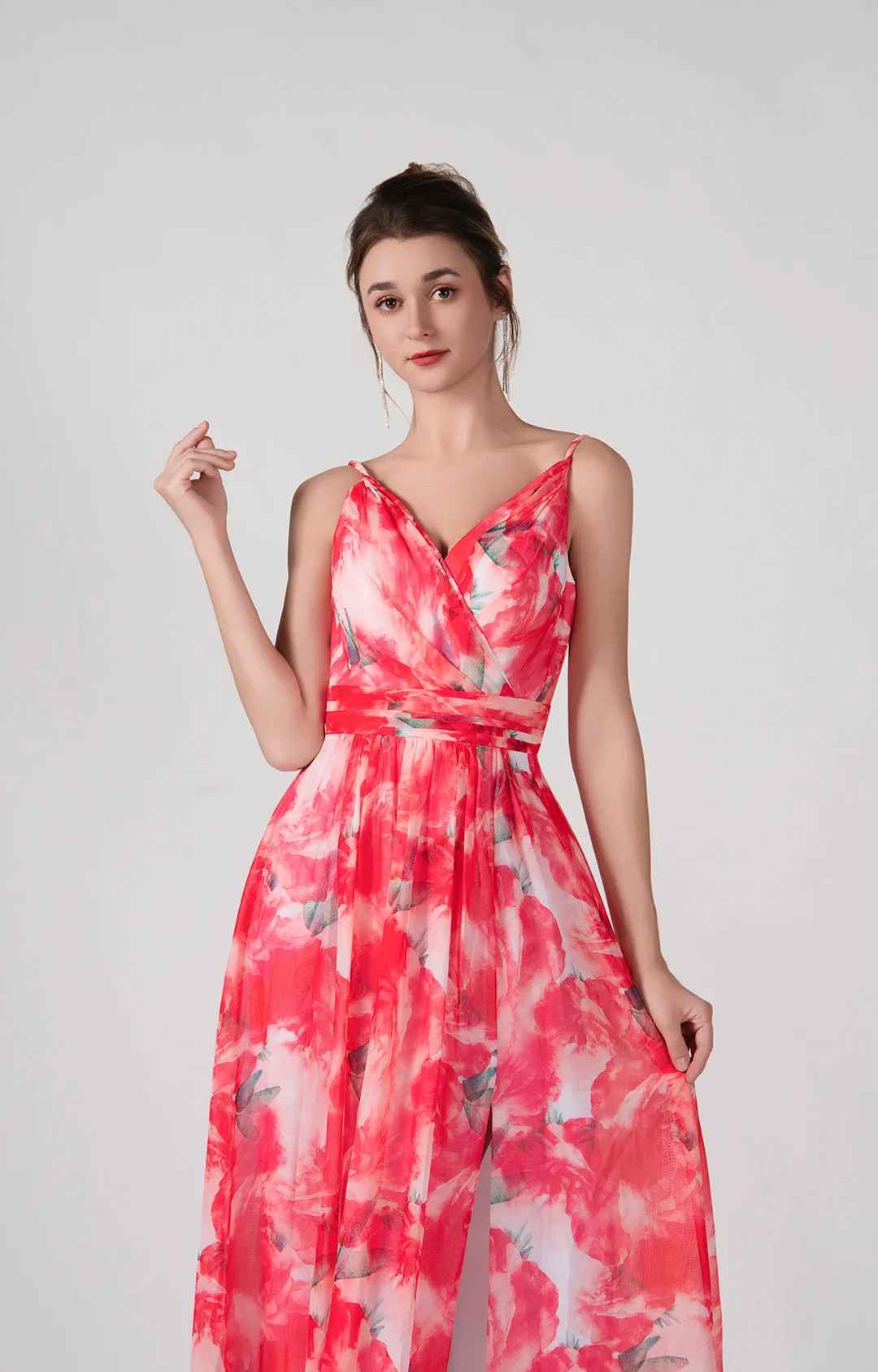 A-Line V-Neck Spaghetti Straps Split Floor-Length Dress