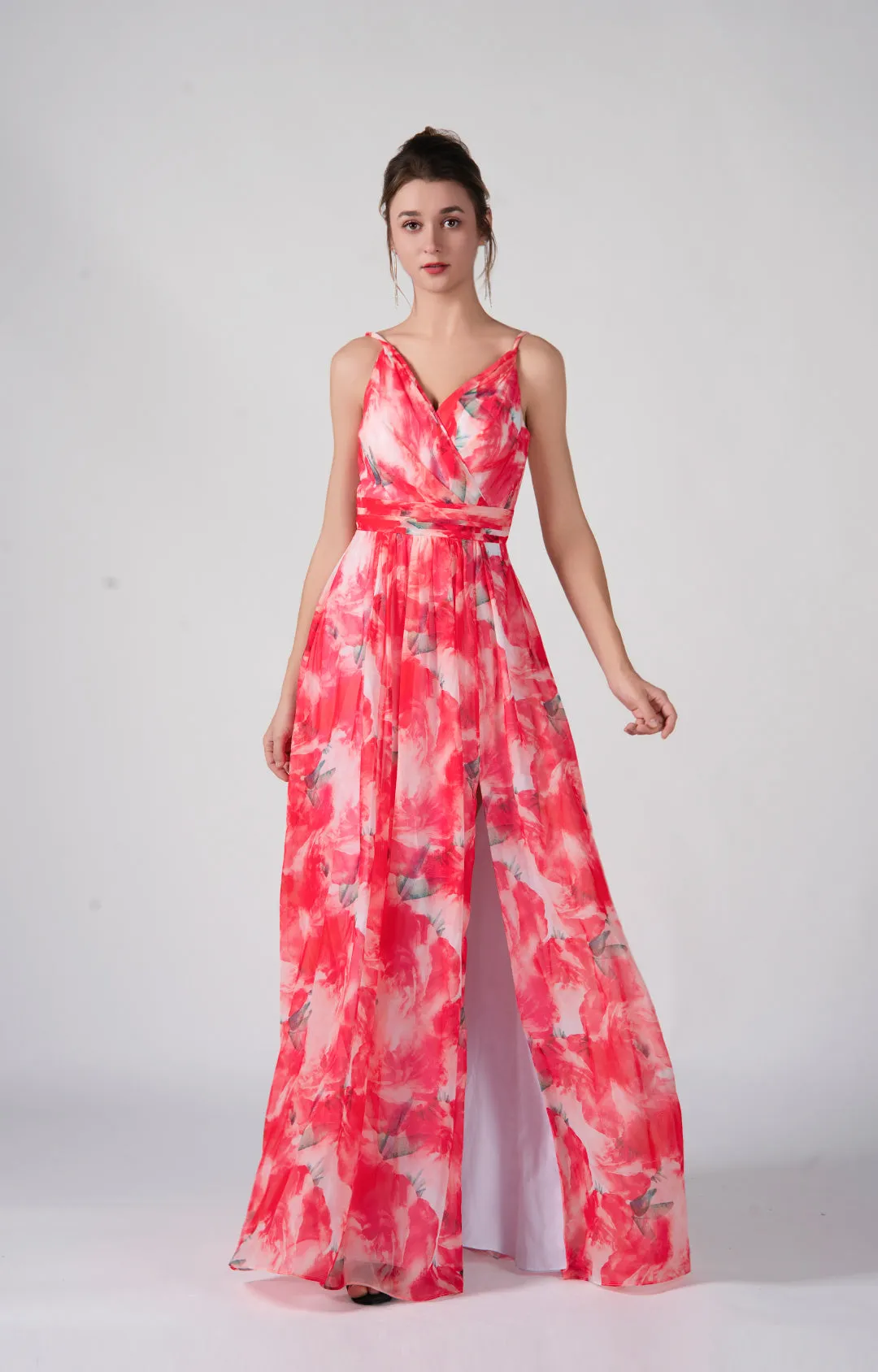 A-Line V-Neck Spaghetti Straps Split Floor-Length Dress