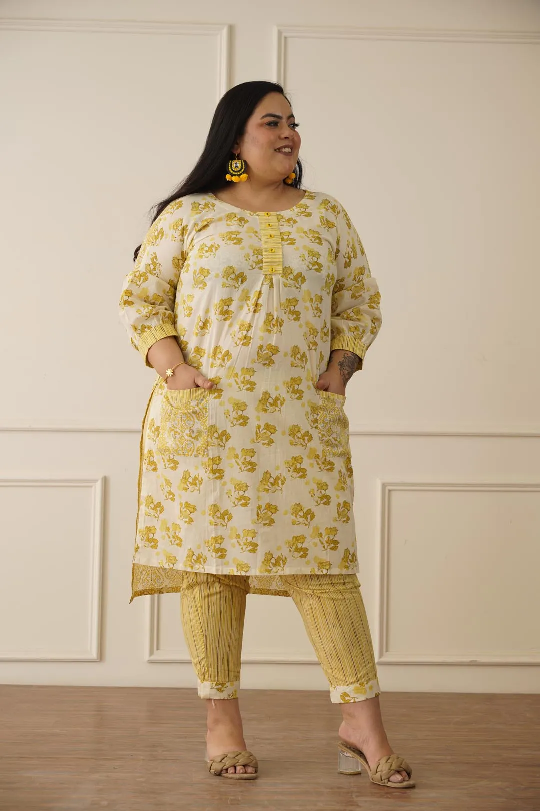 Aesthetic Indian yellow kurti pant set