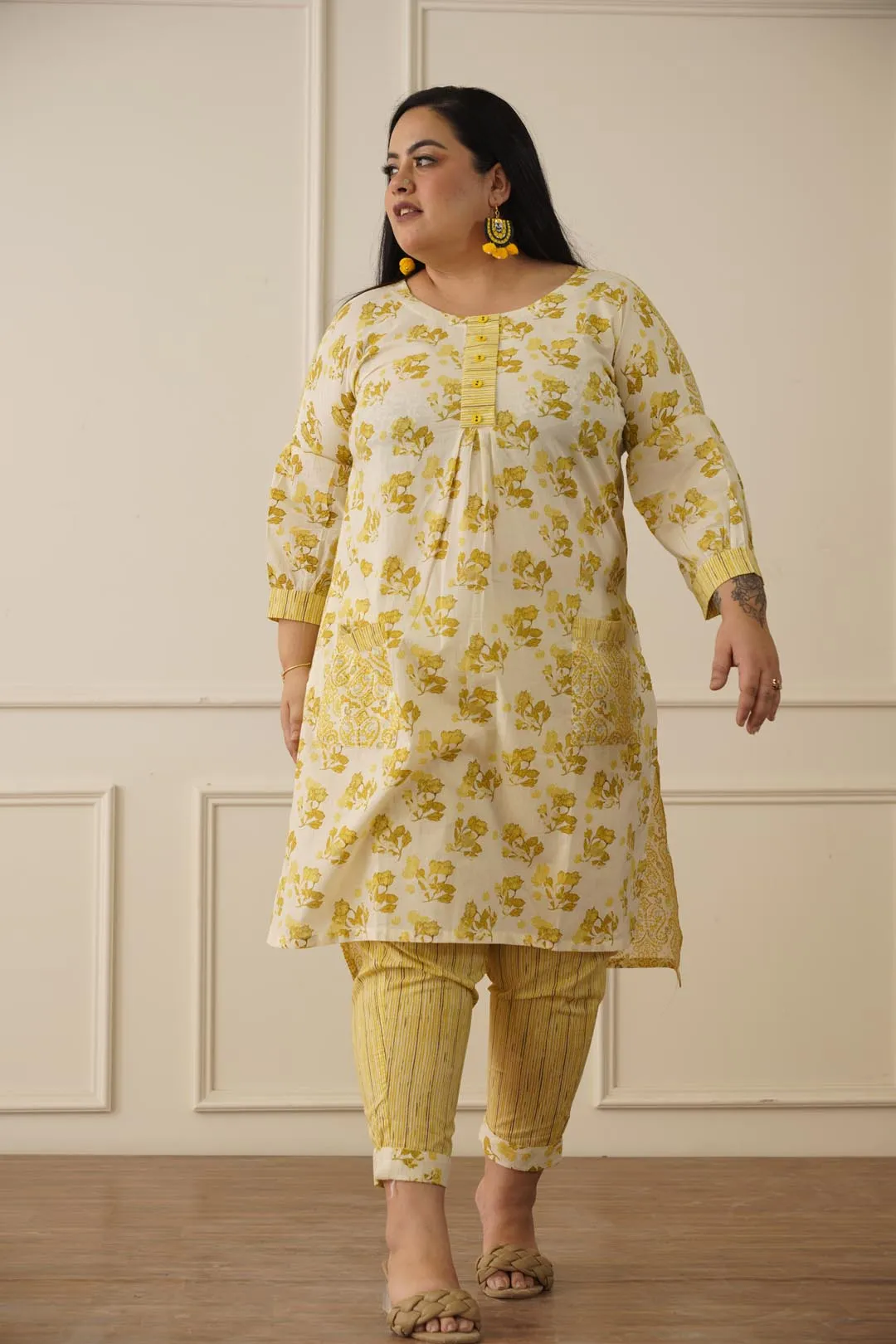 Aesthetic Indian yellow kurti pant set