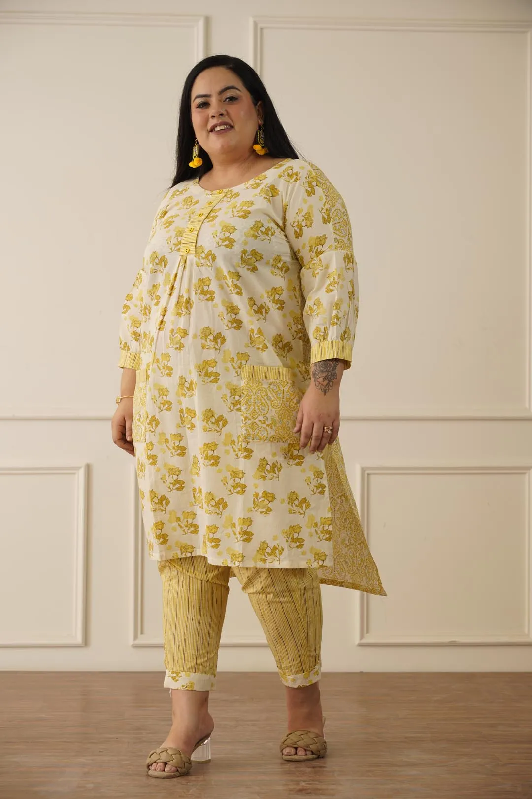 Aesthetic Indian yellow kurti pant set