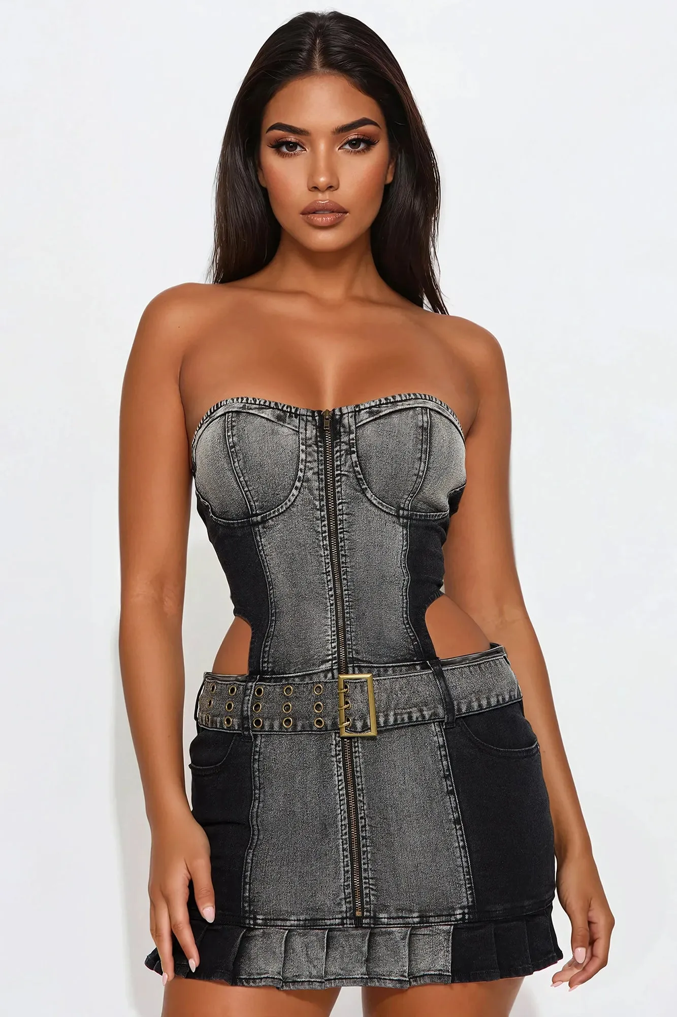 Alila Belted Denim Micro Mini Dress - Black Wash