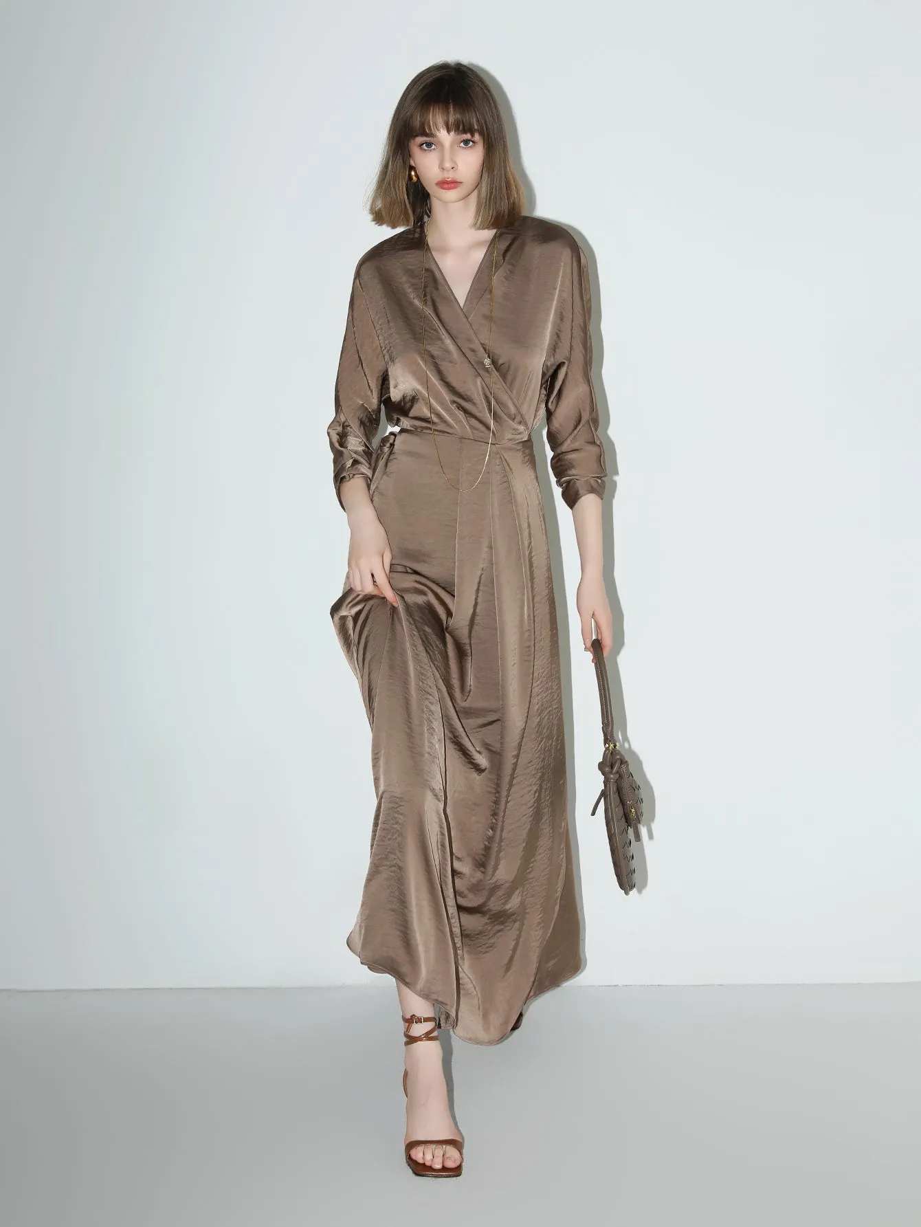 Antique Brown Satin Wrap Dress