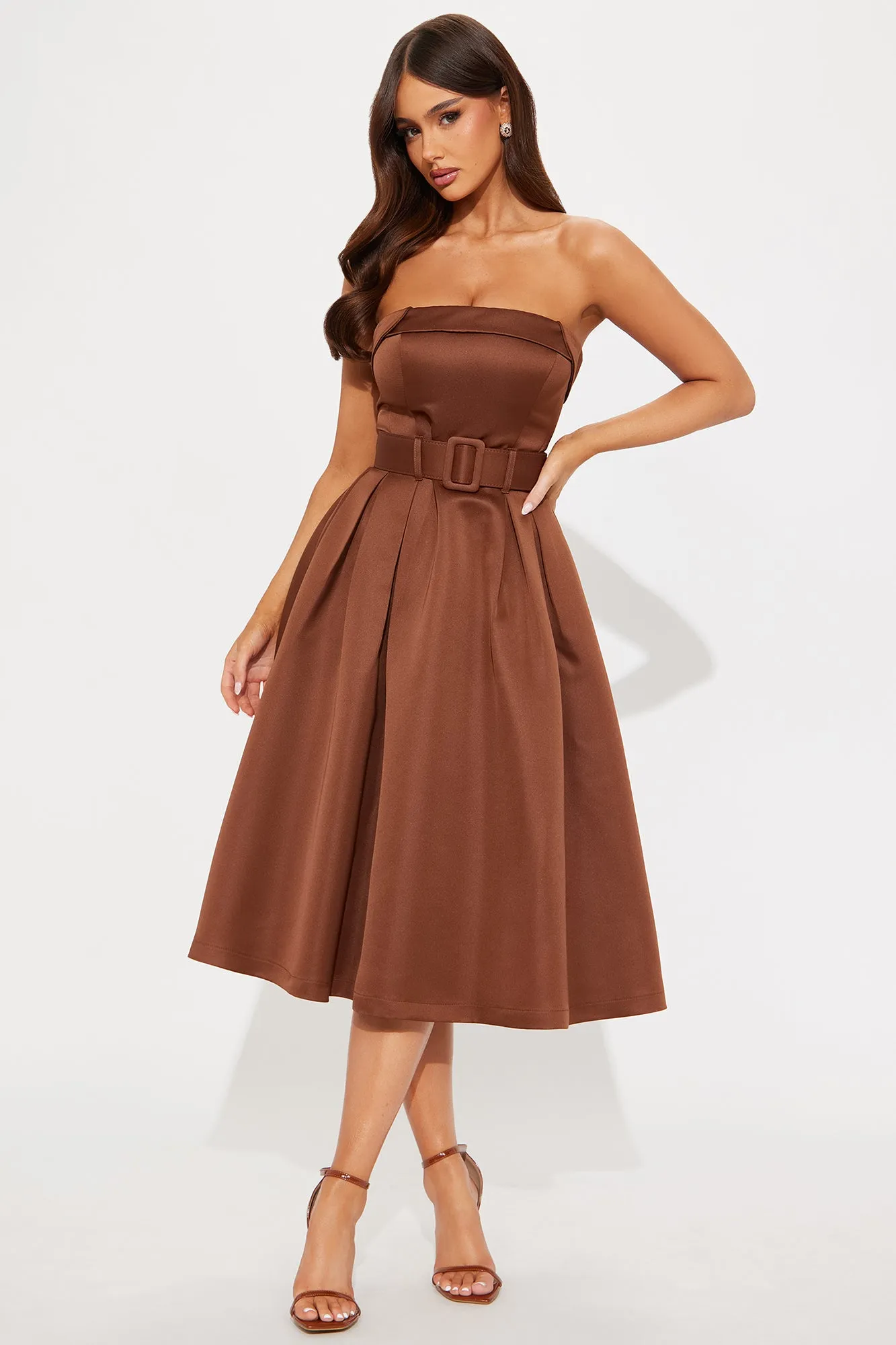 Arabella Belted Satin Midi Dress - Chocolate
