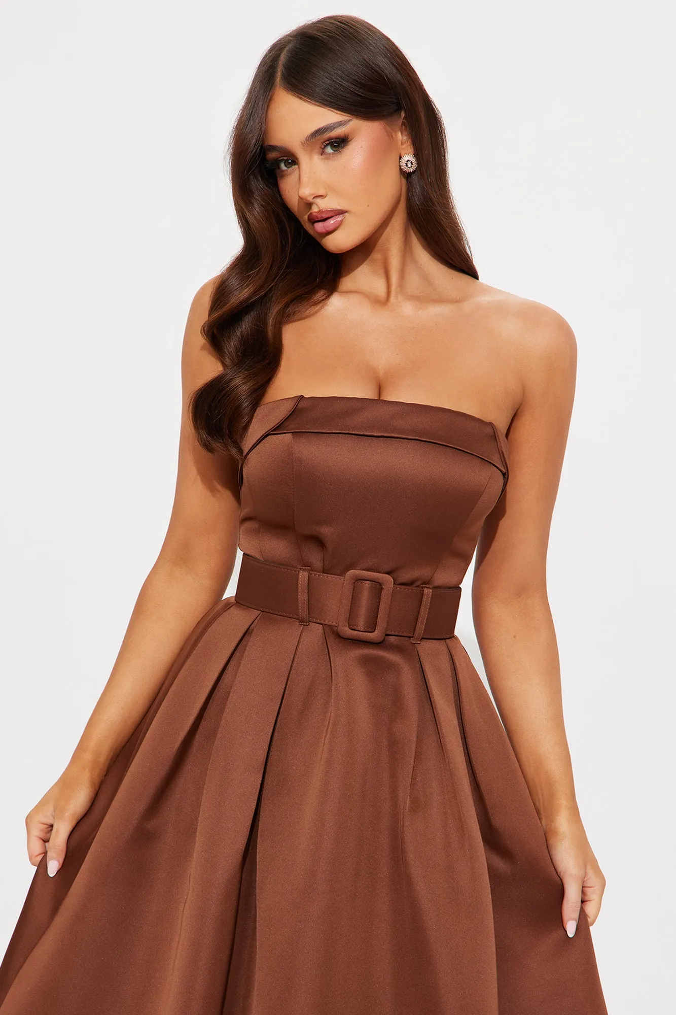 Arabella Belted Satin Midi Dress - Chocolate