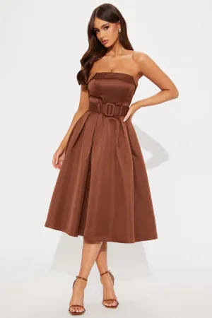 Arabella Belted Satin Midi Dress - Chocolate
