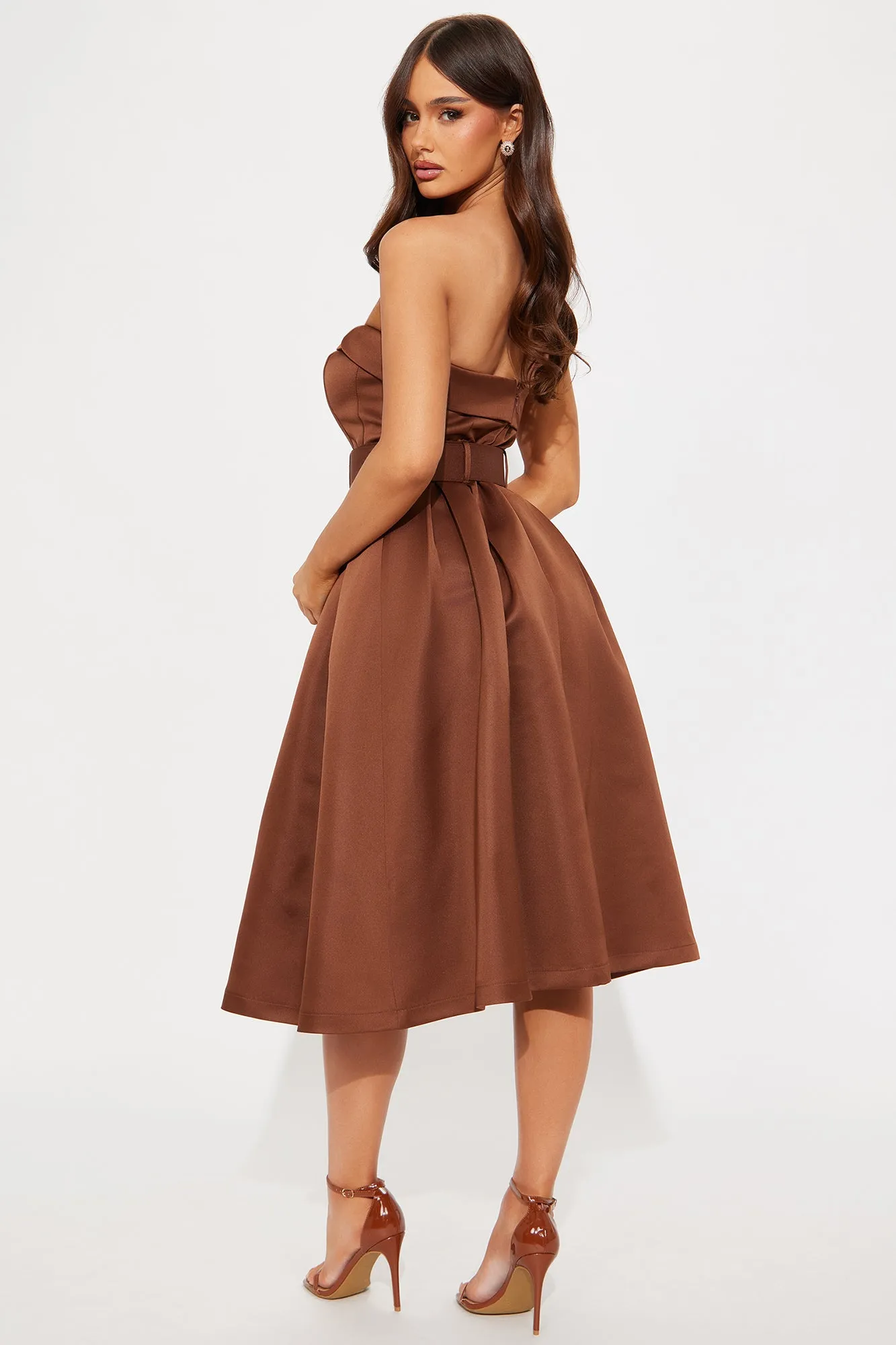 Arabella Belted Satin Midi Dress - Chocolate