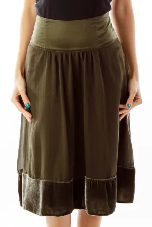 Army Green Flared Skirt w/ Velvet Detail