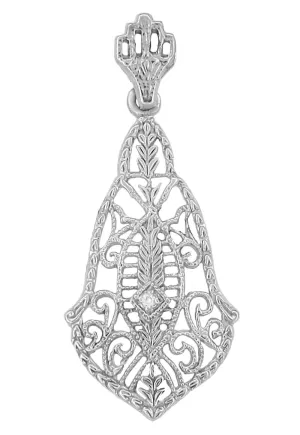 Art Deco Filigree Diamond Set Pendant in 14 Karat White Gold