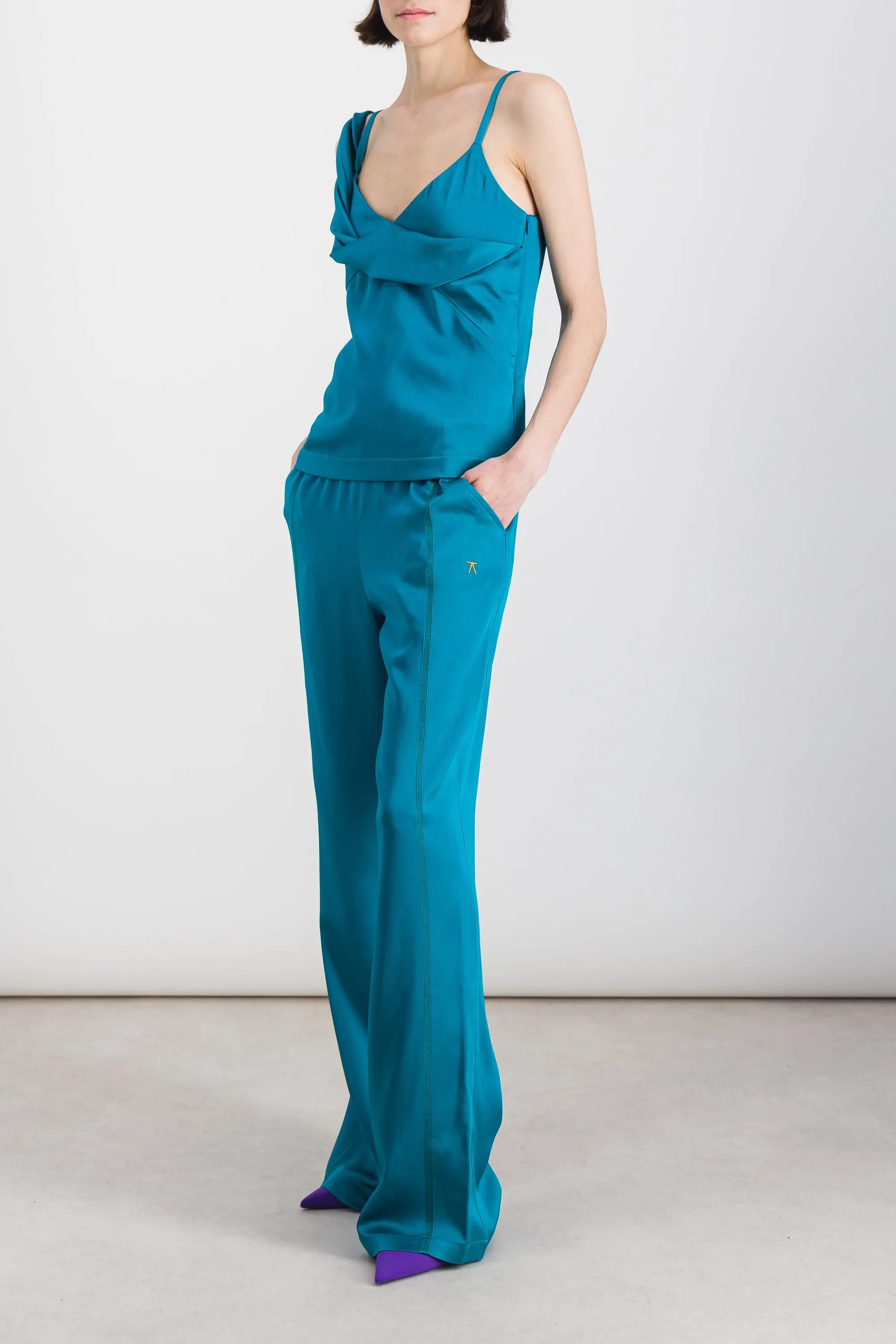 Asymmetric crêpe satin caraco top