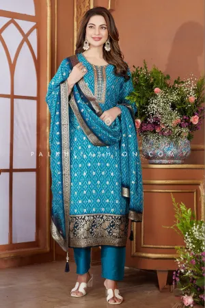Banarasi Silk Blue Silk Straight-Cut Suit with Threadwork and Stone Accents
