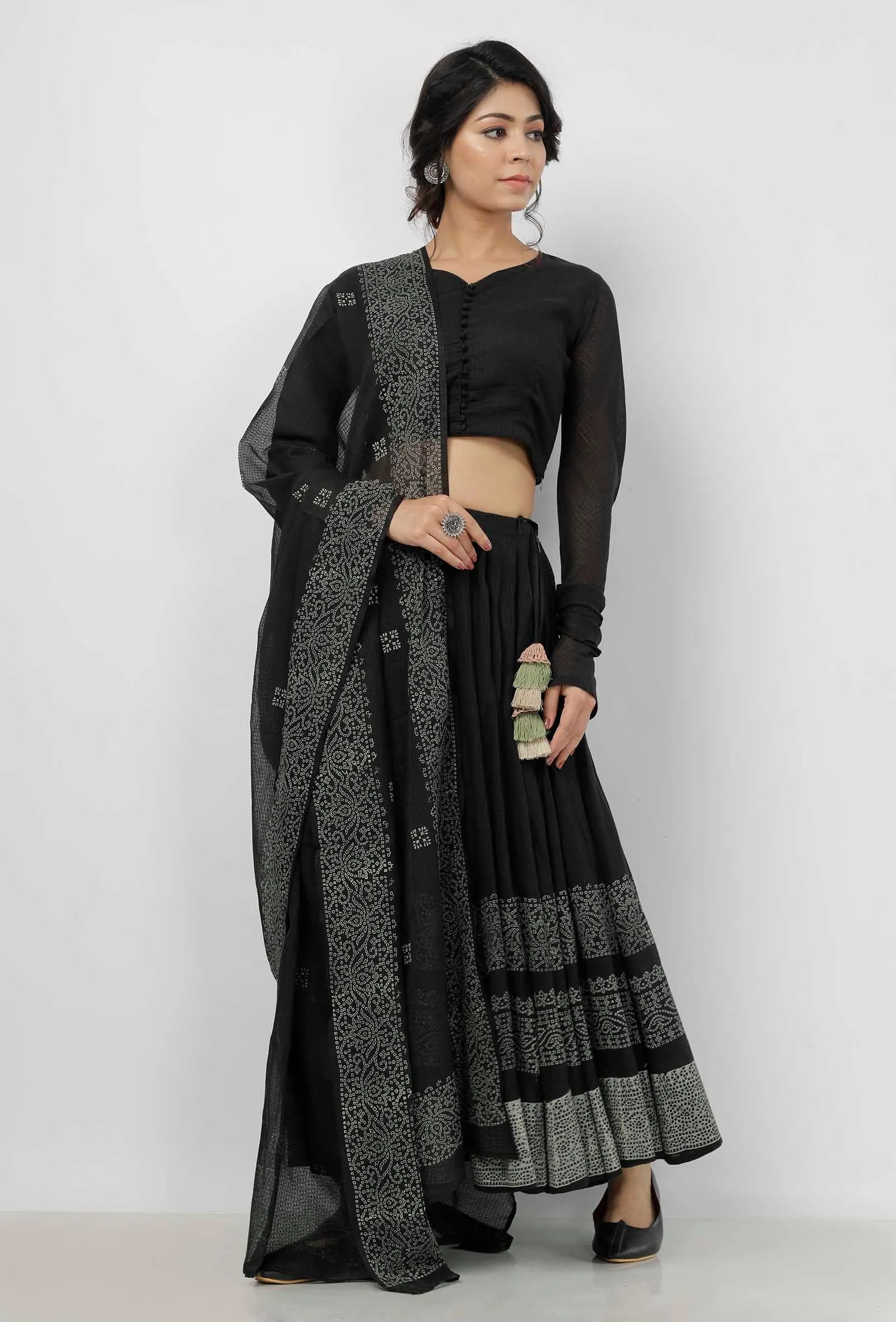 Black and White Buti Hand Block Printed Kota Dupatta