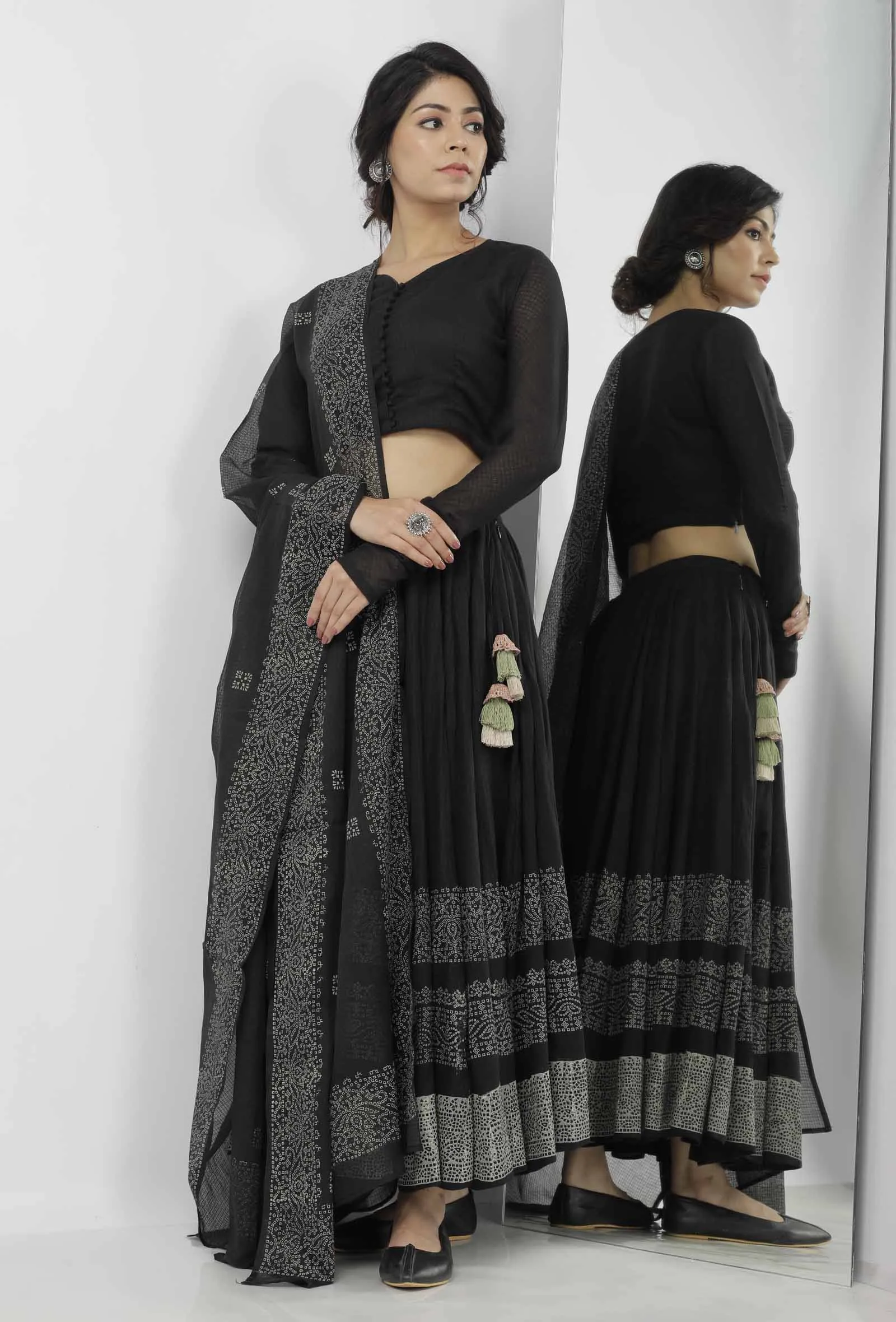 Black and White Buti Hand Block Printed Kota Dupatta