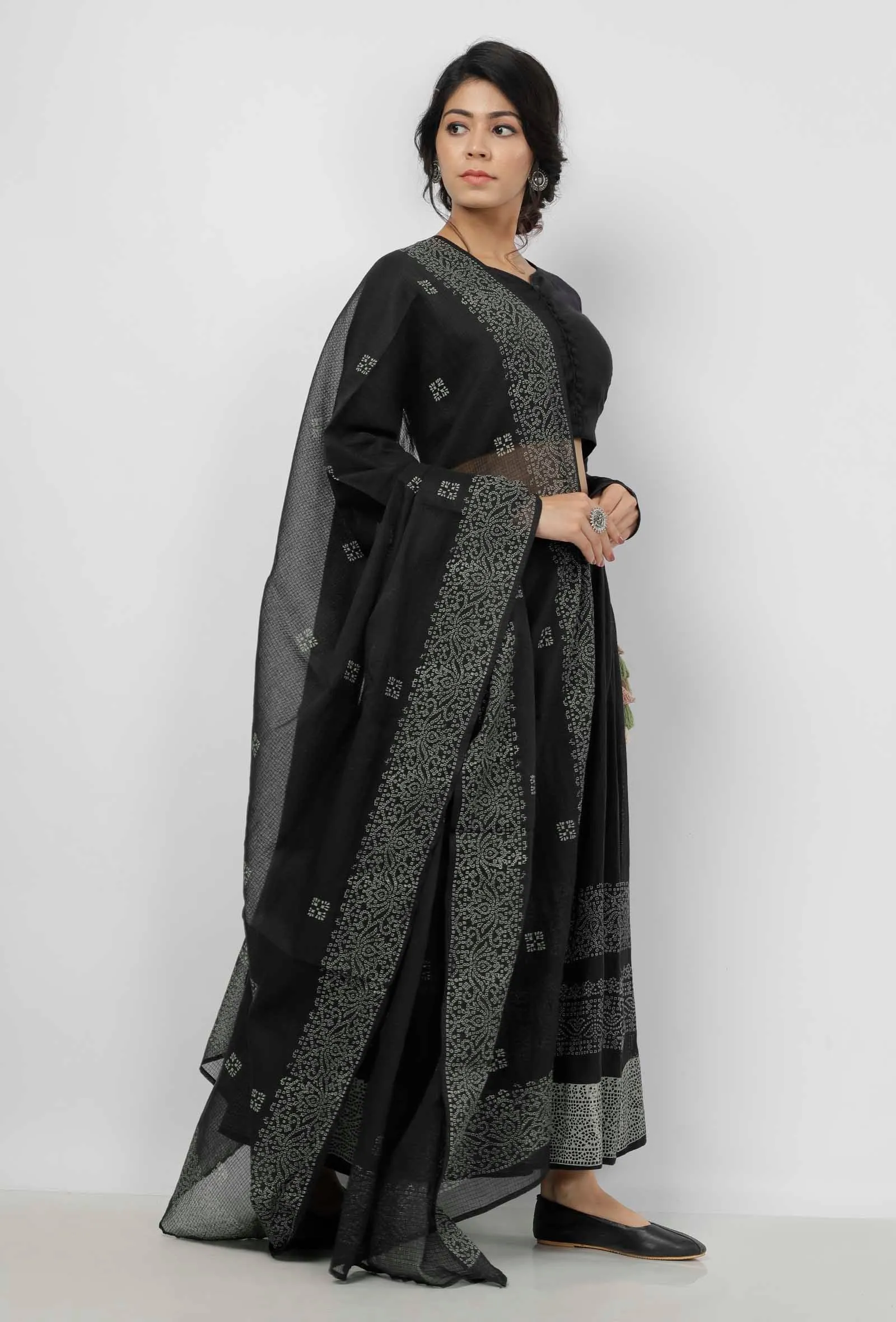Black and White Buti Hand Block Printed Kota Dupatta