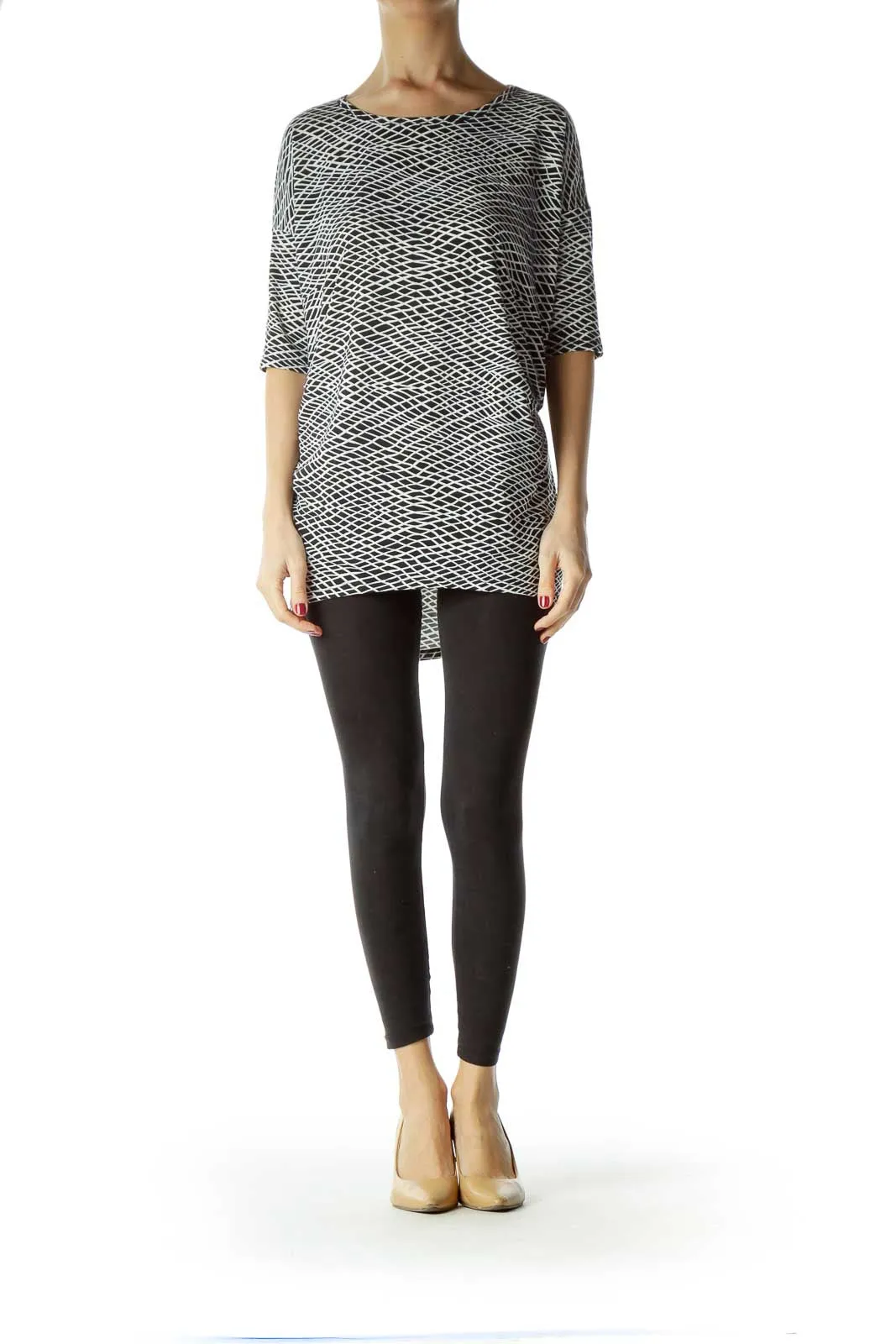 Black White Print Round Neck Tunic