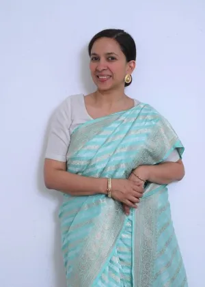 Blue Barasi Silver Gold Diagol Stripes Silk Saree