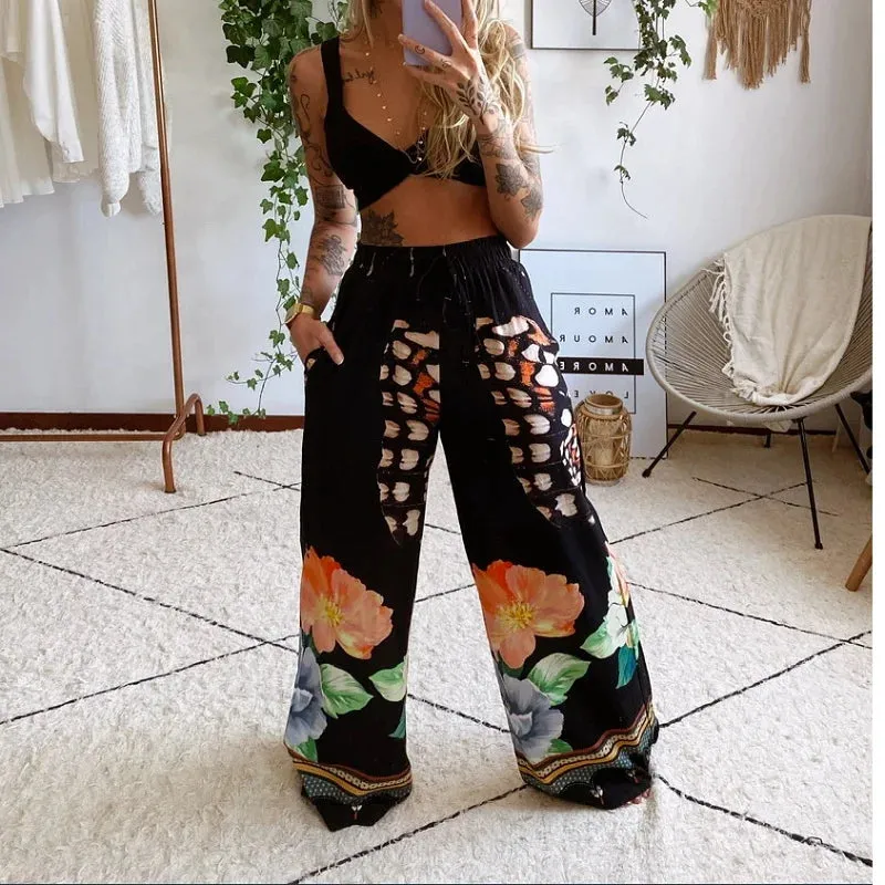Boho Floral Butterfly Cotton 2 Piece Matching Outfits - Wide Leg Pants & Top
