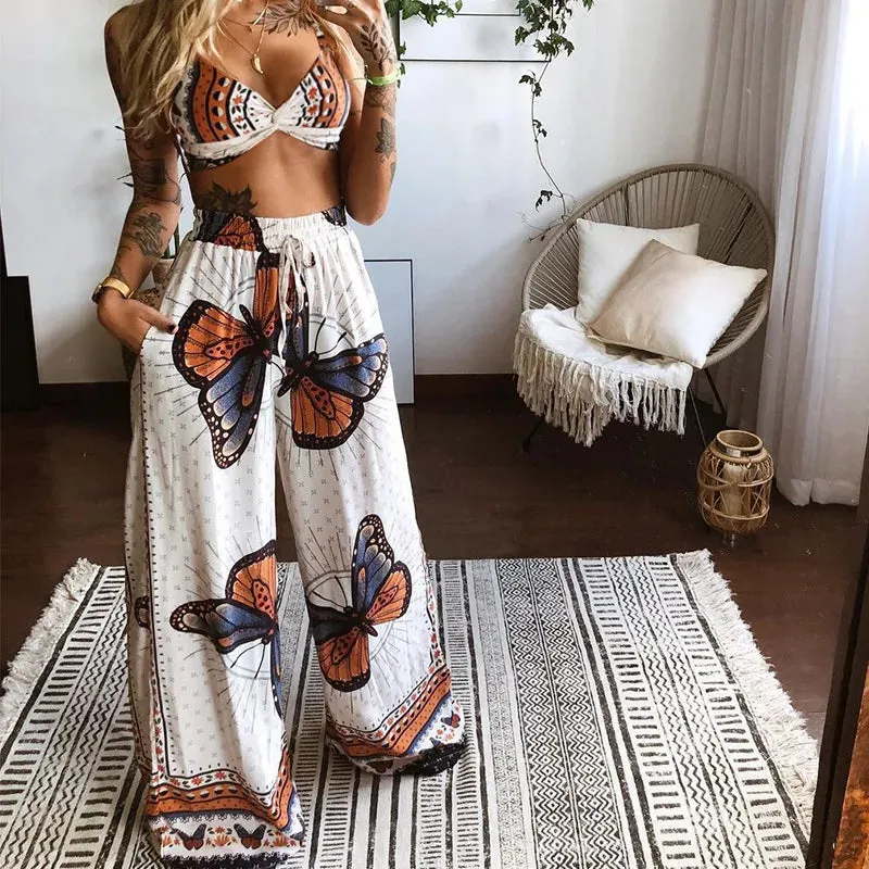 Boho Floral Butterfly Cotton 2 Piece Matching Outfits - Wide Leg Pants & Top