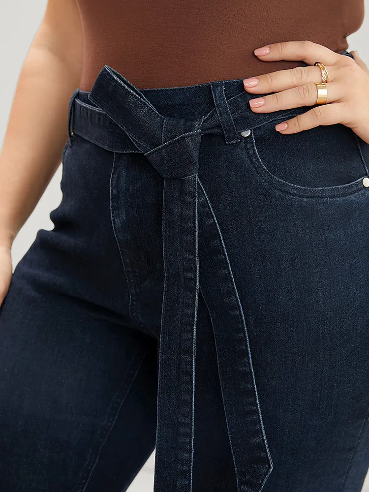 Bootcut Slightly Stretchy High Rise Dark Wash Belted Jeans
