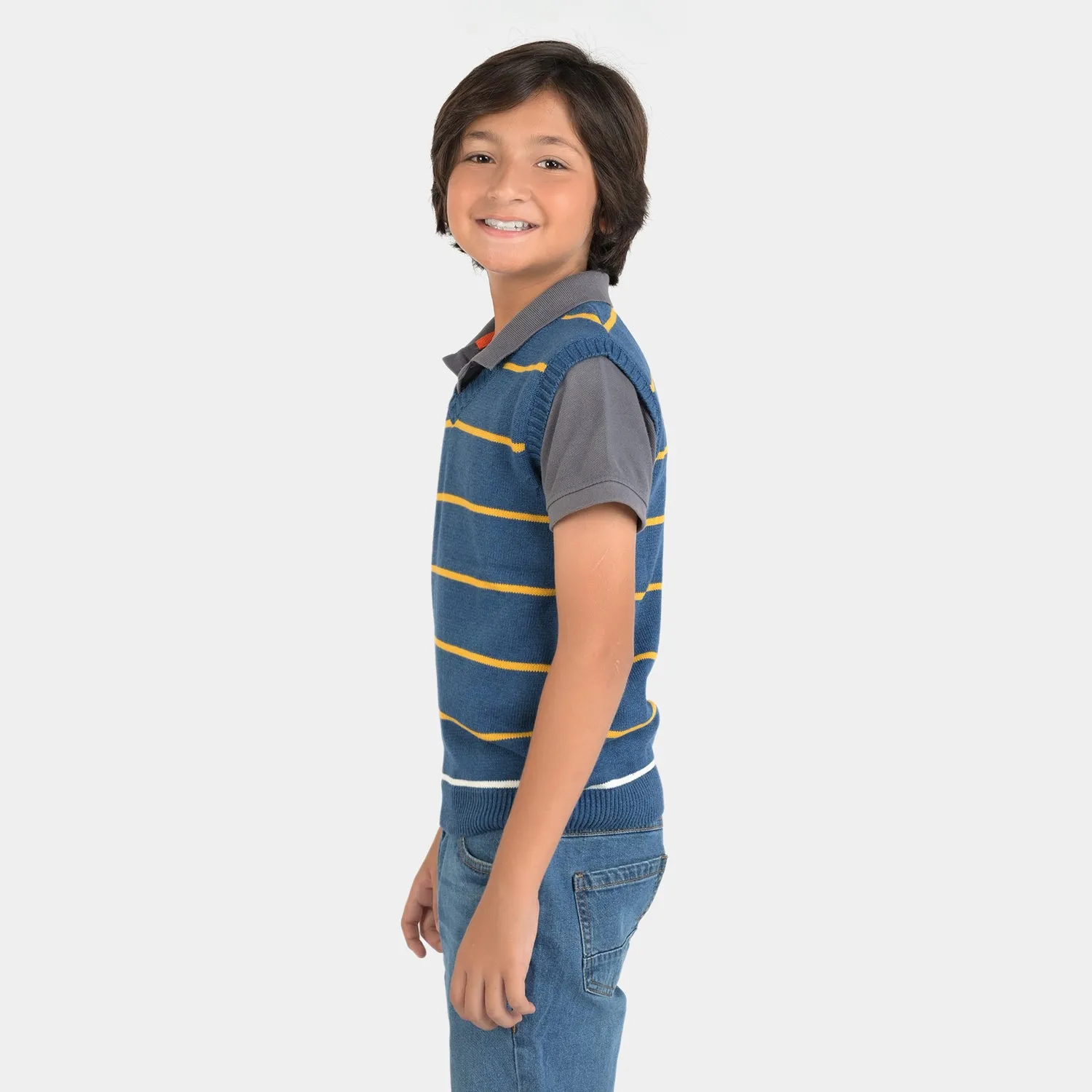 Boys Acrylic Sleeveless Sweater Striper-NAVY