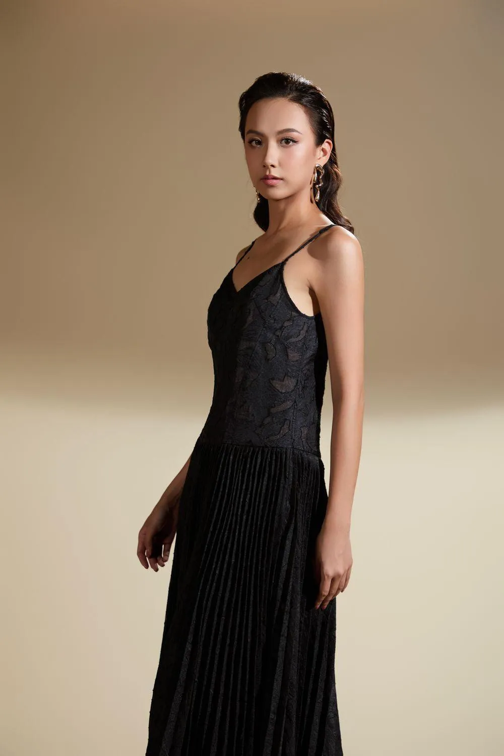 Brittany Flared Camisole Brocade Organza Maxi Dress
