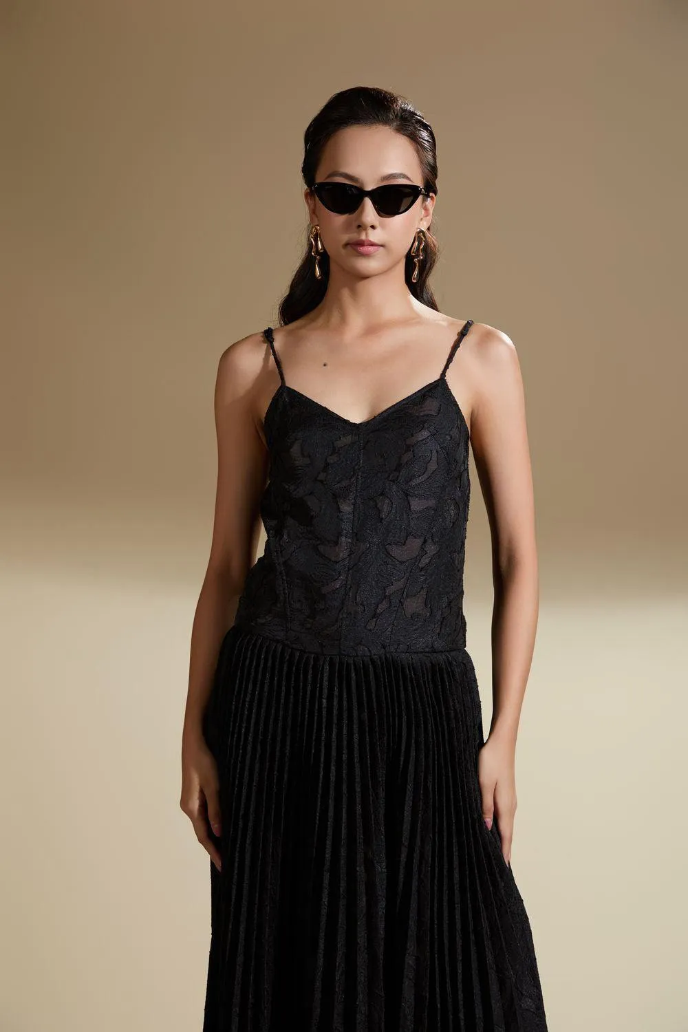 Brittany Flared Camisole Brocade Organza Maxi Dress