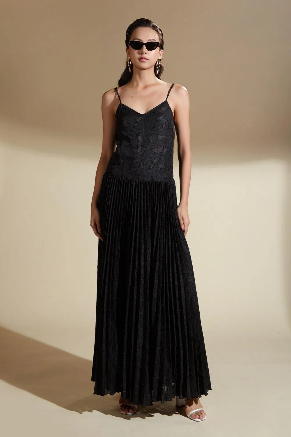Brittany Flared Camisole Brocade Organza Maxi Dress