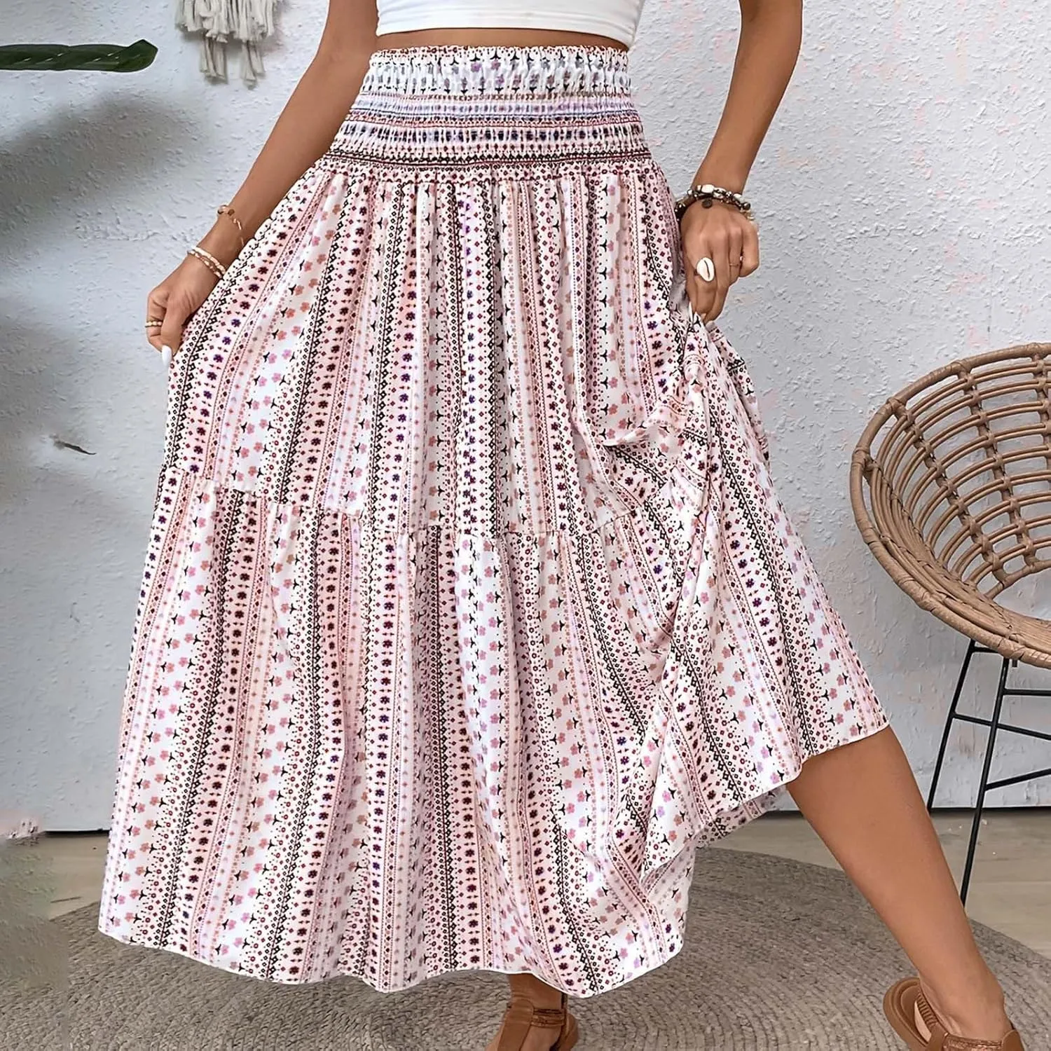 Casual Skirts for Women Summer Vacation Bohemian Aztec Print Pleated High Waist Elastic 2025 Beach Boha Maxi Skirts