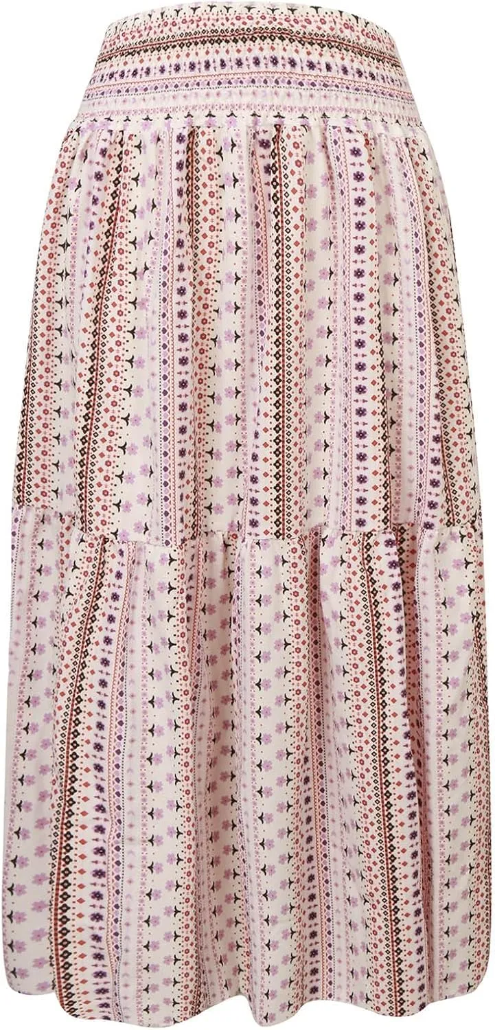 Casual Skirts for Women Summer Vacation Bohemian Aztec Print Pleated High Waist Elastic 2025 Beach Boha Maxi Skirts
