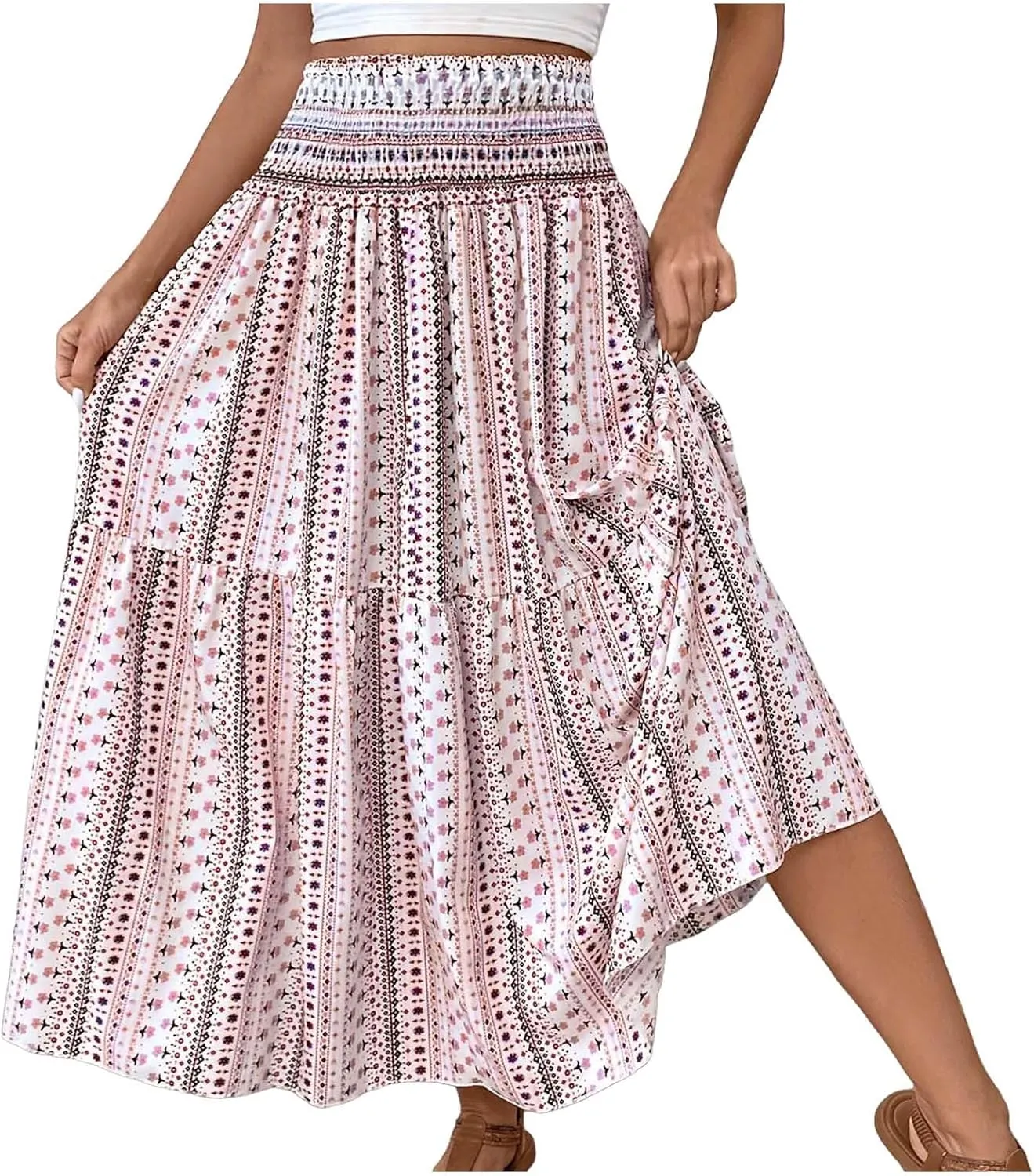 Casual Skirts for Women Summer Vacation Bohemian Aztec Print Pleated High Waist Elastic 2025 Beach Boha Maxi Skirts