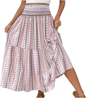 Casual Skirts for Women Summer Vacation Bohemian Aztec Print Pleated High Waist Elastic 2025 Beach Boha Maxi Skirts