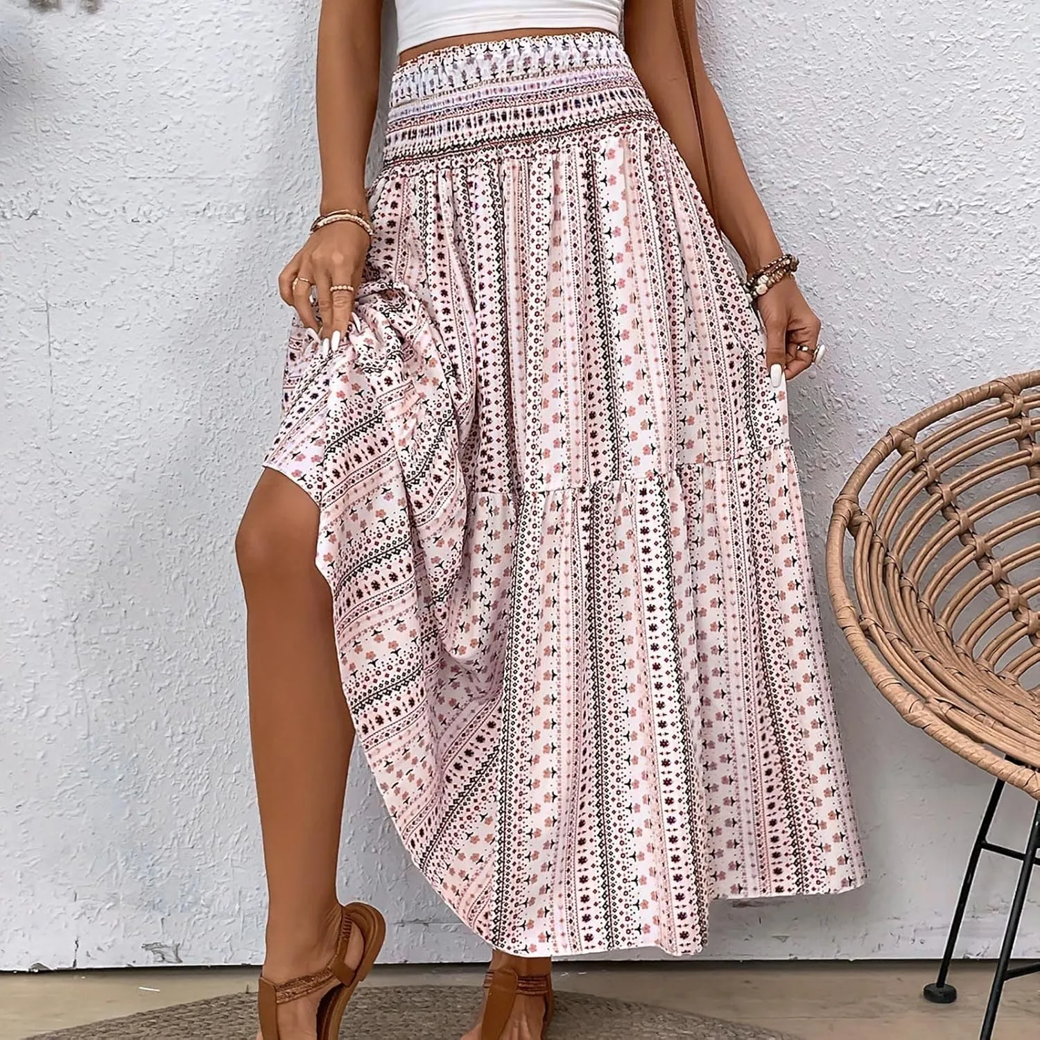 Casual Skirts for Women Summer Vacation Bohemian Aztec Print Pleated High Waist Elastic 2025 Beach Boha Maxi Skirts