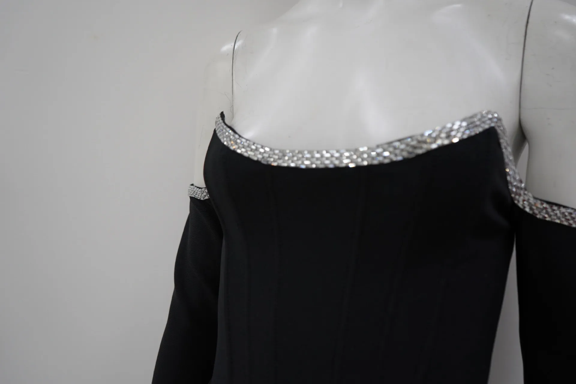 Celestial Grace: Rhinestone-Adorned Off-Shoulder Bustier Dress
