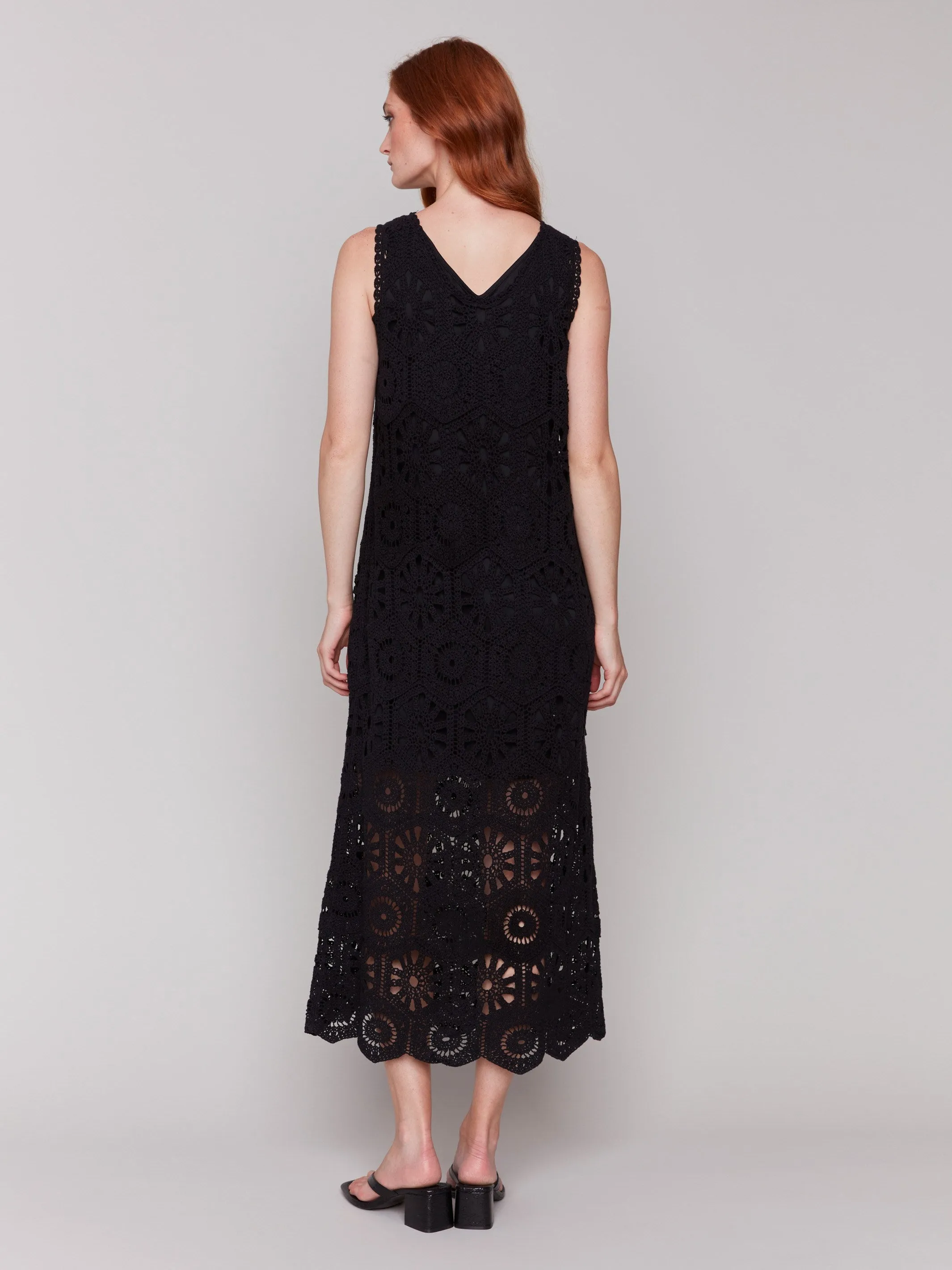 Cotton Crochet Sleeveless Maxi Dress - Black