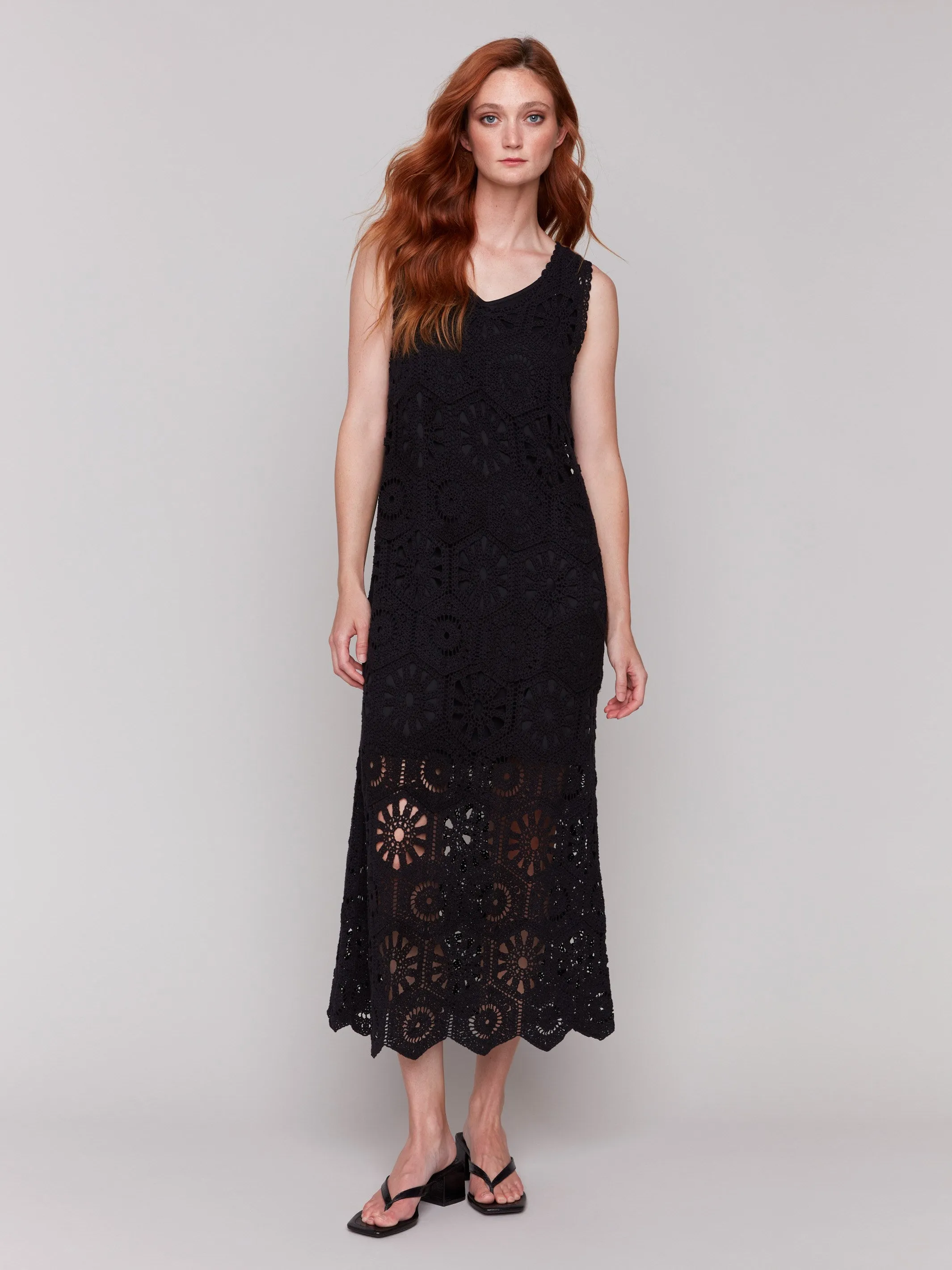 Cotton Crochet Sleeveless Maxi Dress - Black