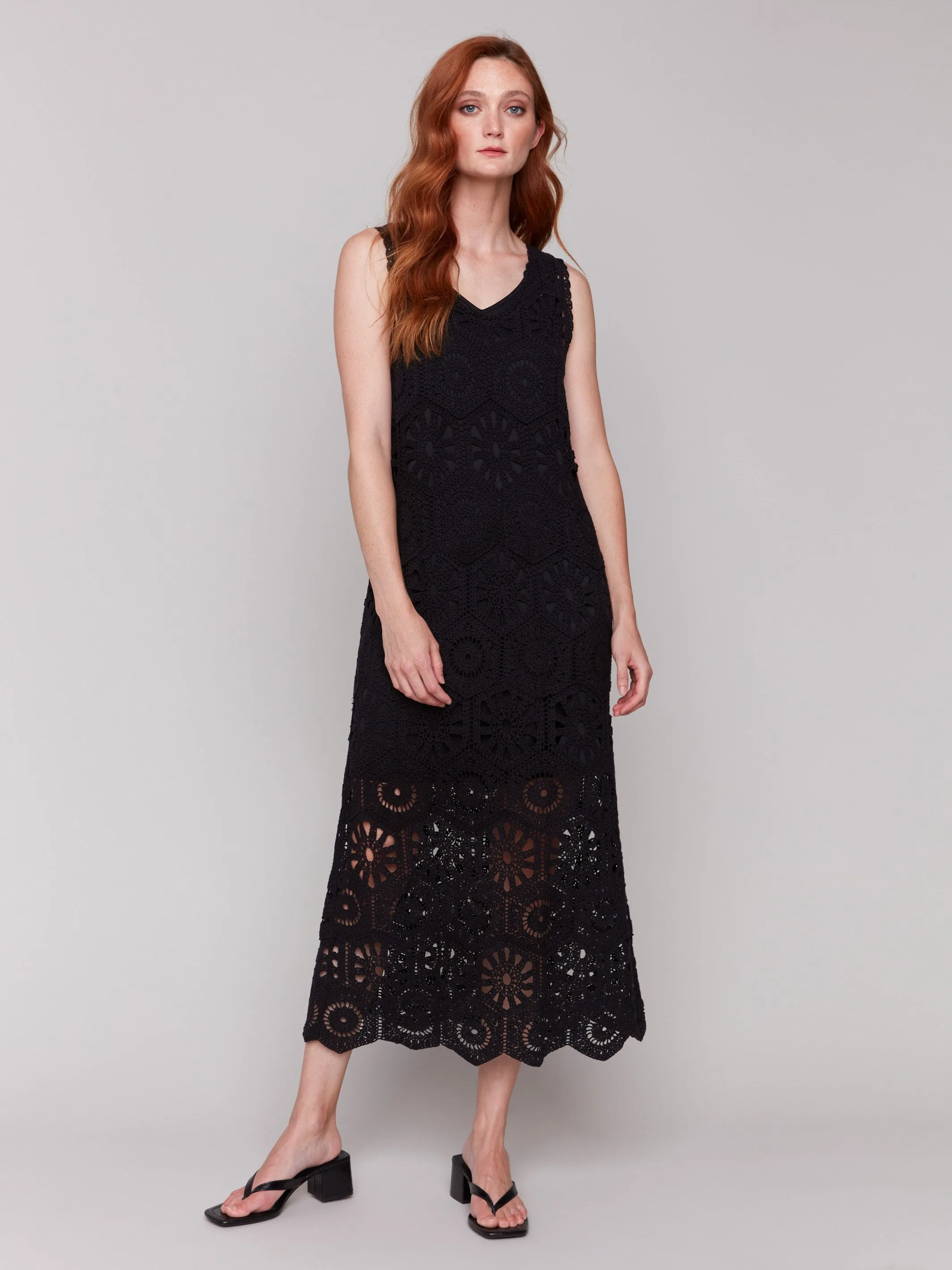 Cotton Crochet Sleeveless Maxi Dress - Black