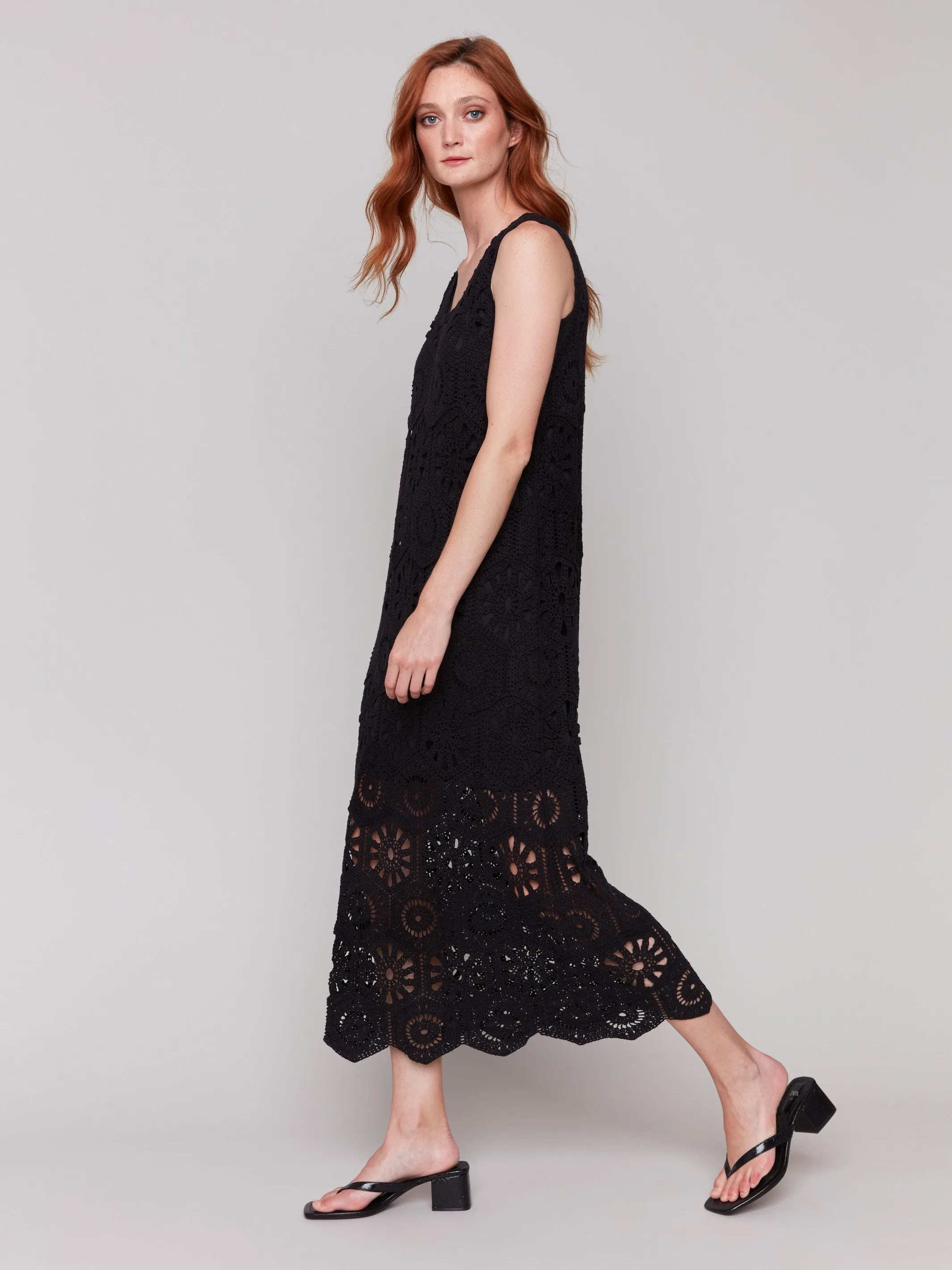 Cotton Crochet Sleeveless Maxi Dress - Black