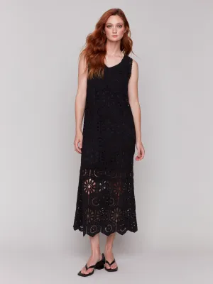 Cotton Crochet Sleeveless Maxi Dress - Black