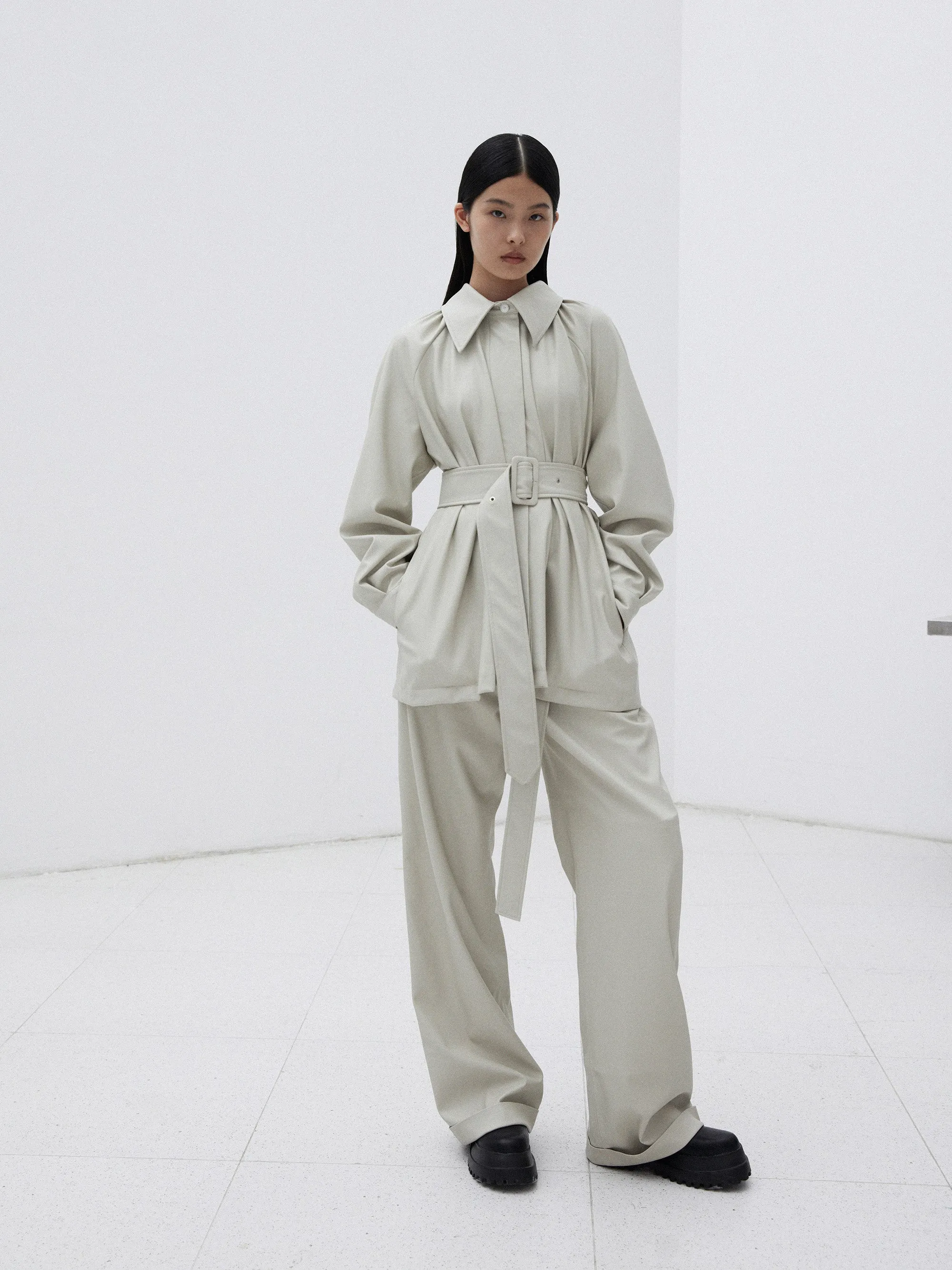Cream PU Pleat Belted Jacket