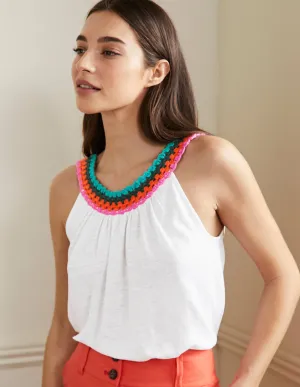 Crochet Trim Scoop Jersey Top-White