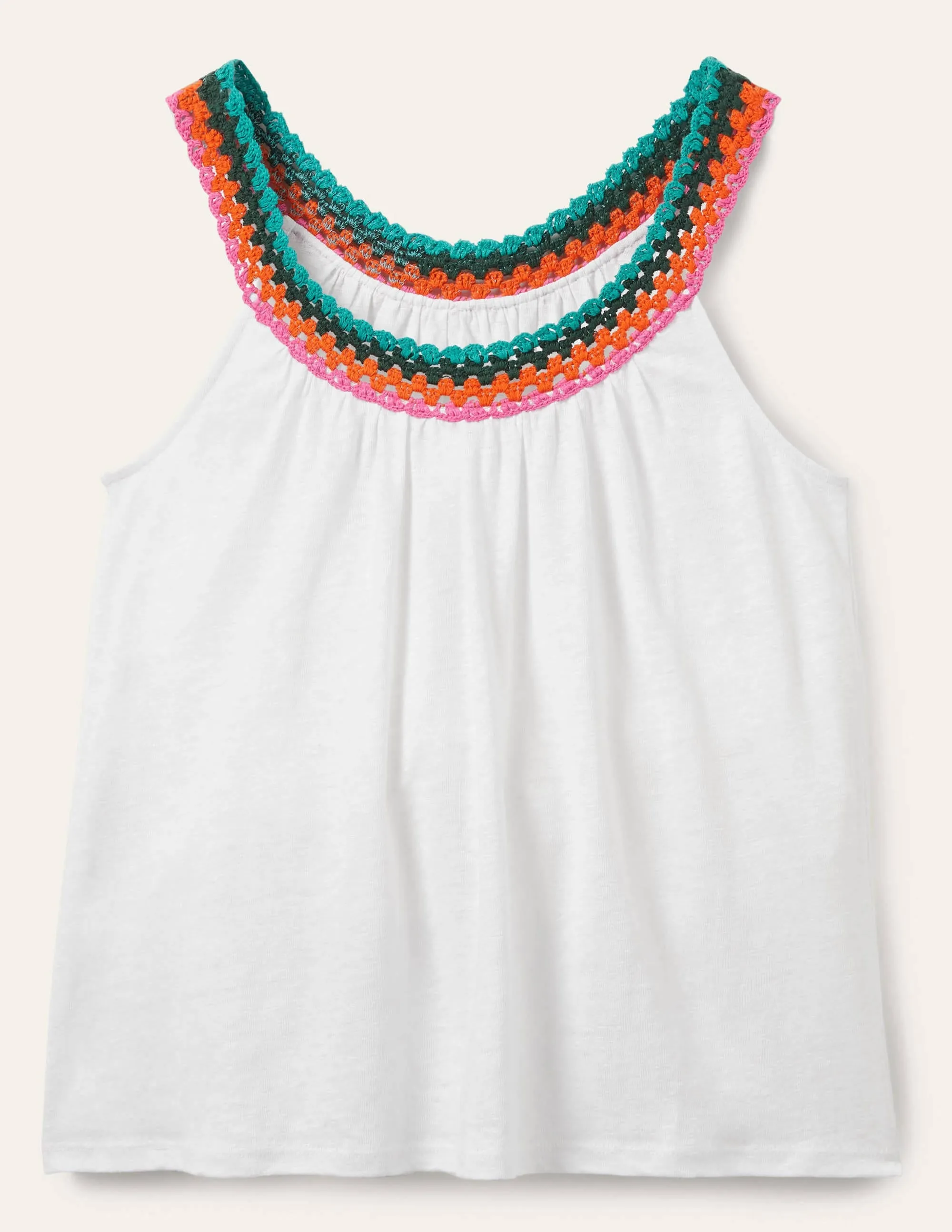 Crochet Trim Scoop Jersey Top-White