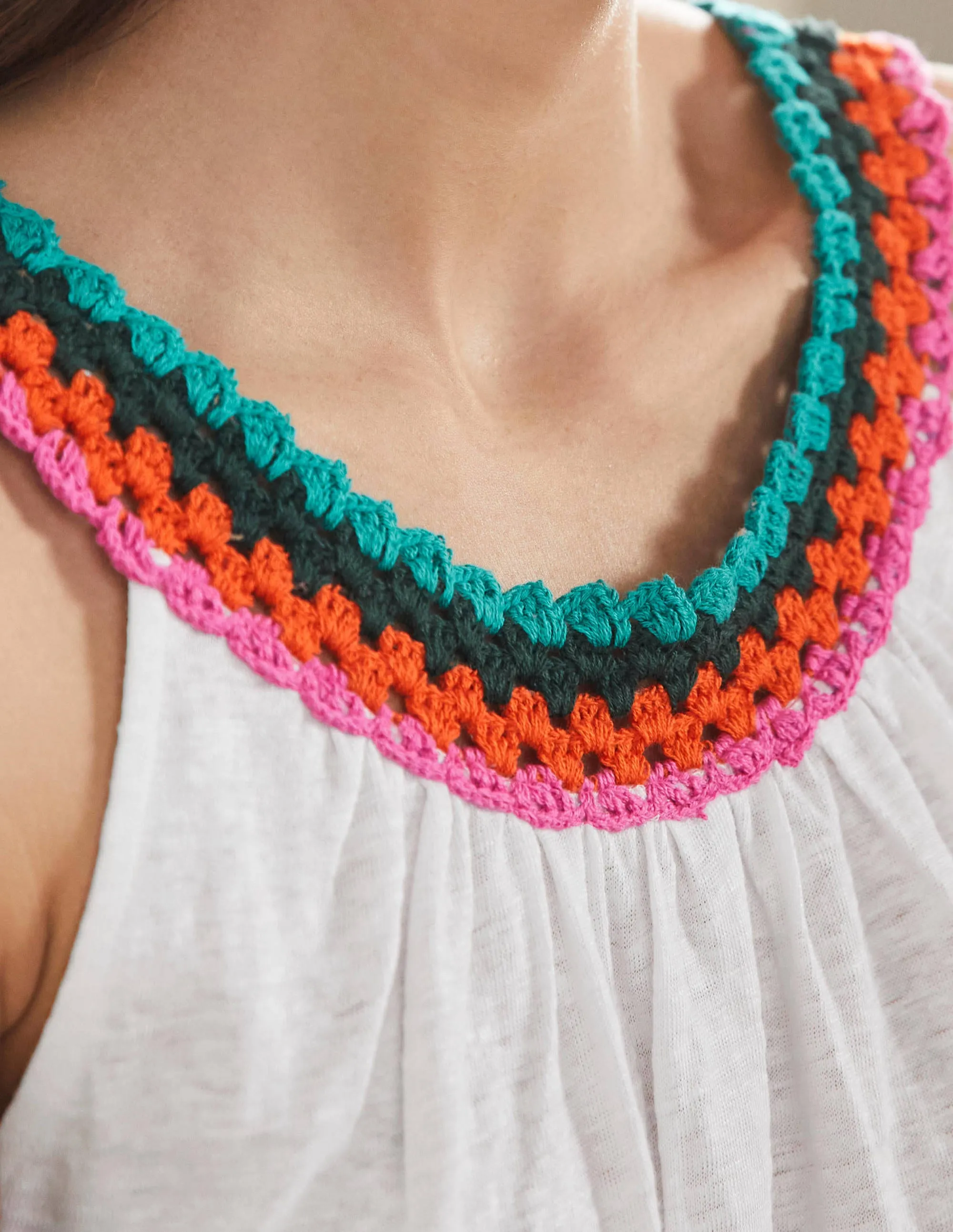 Crochet Trim Scoop Jersey Top-White