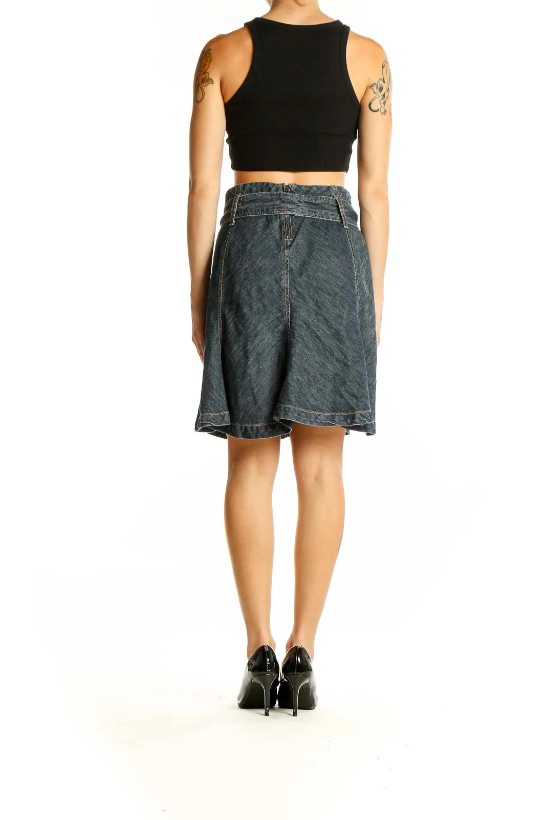 Dark Blue Cotton-Linen Blend A-Line Skirt