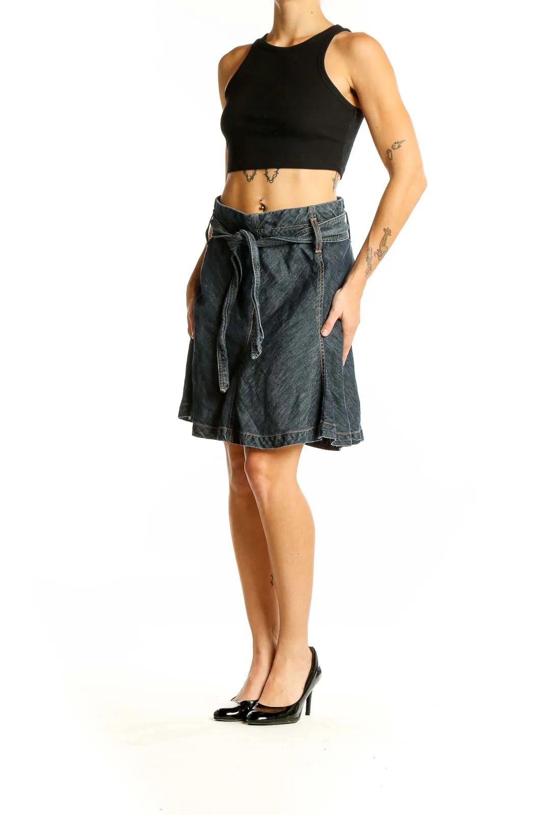 Dark Blue Cotton-Linen Blend A-Line Skirt