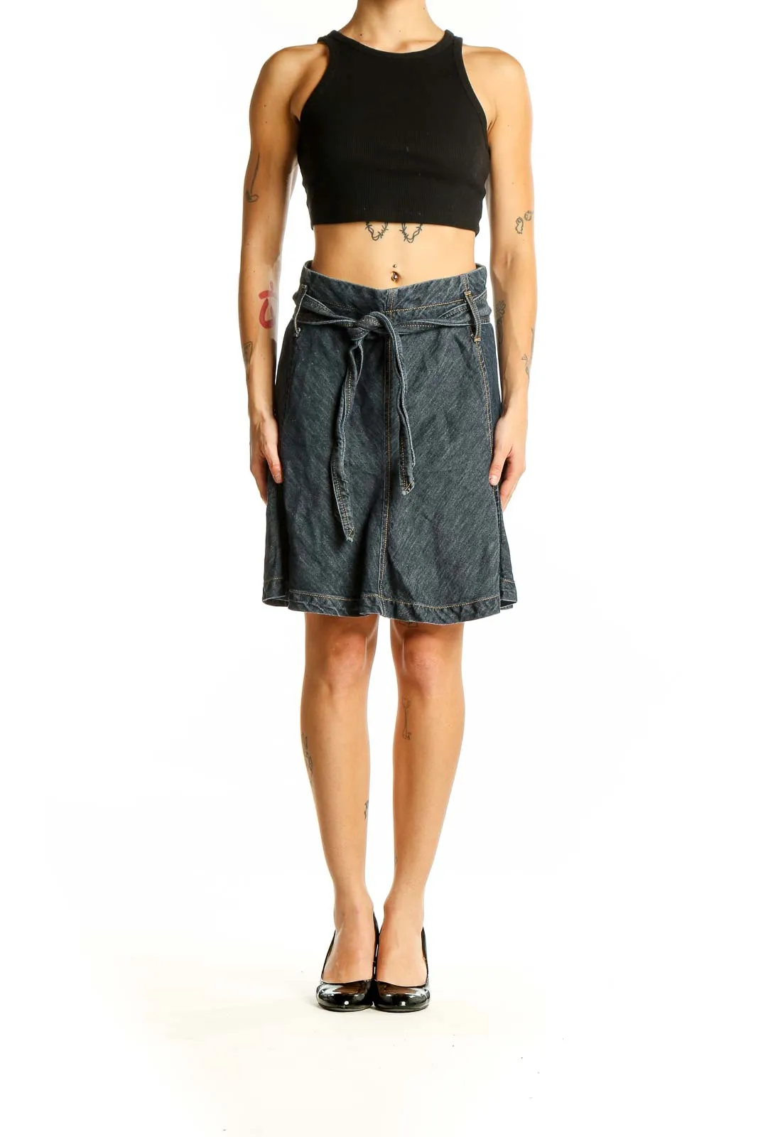 Dark Blue Cotton-Linen Blend A-Line Skirt