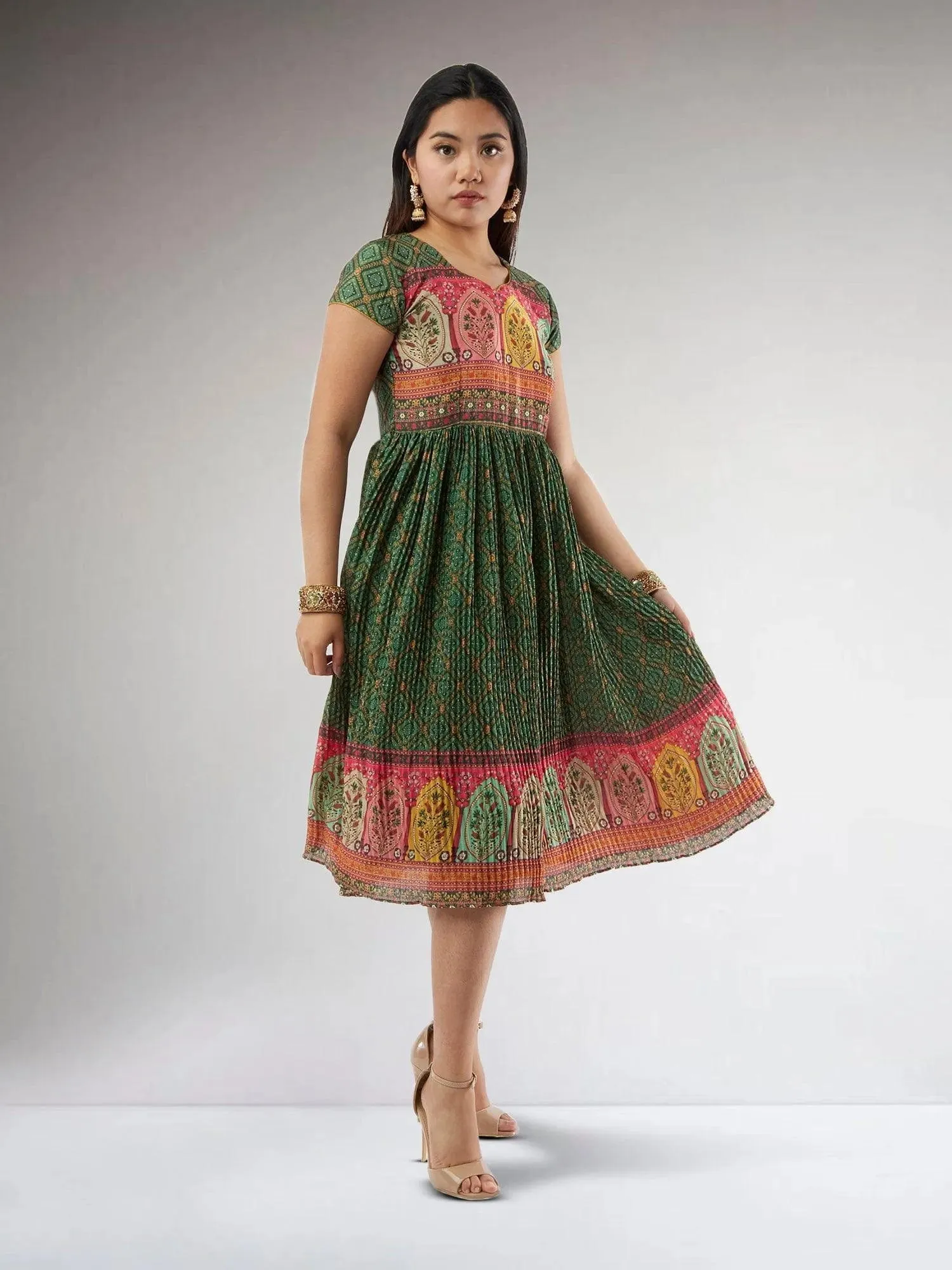 Dark Green Crushed Knee Length Dress | Indo Western Dress